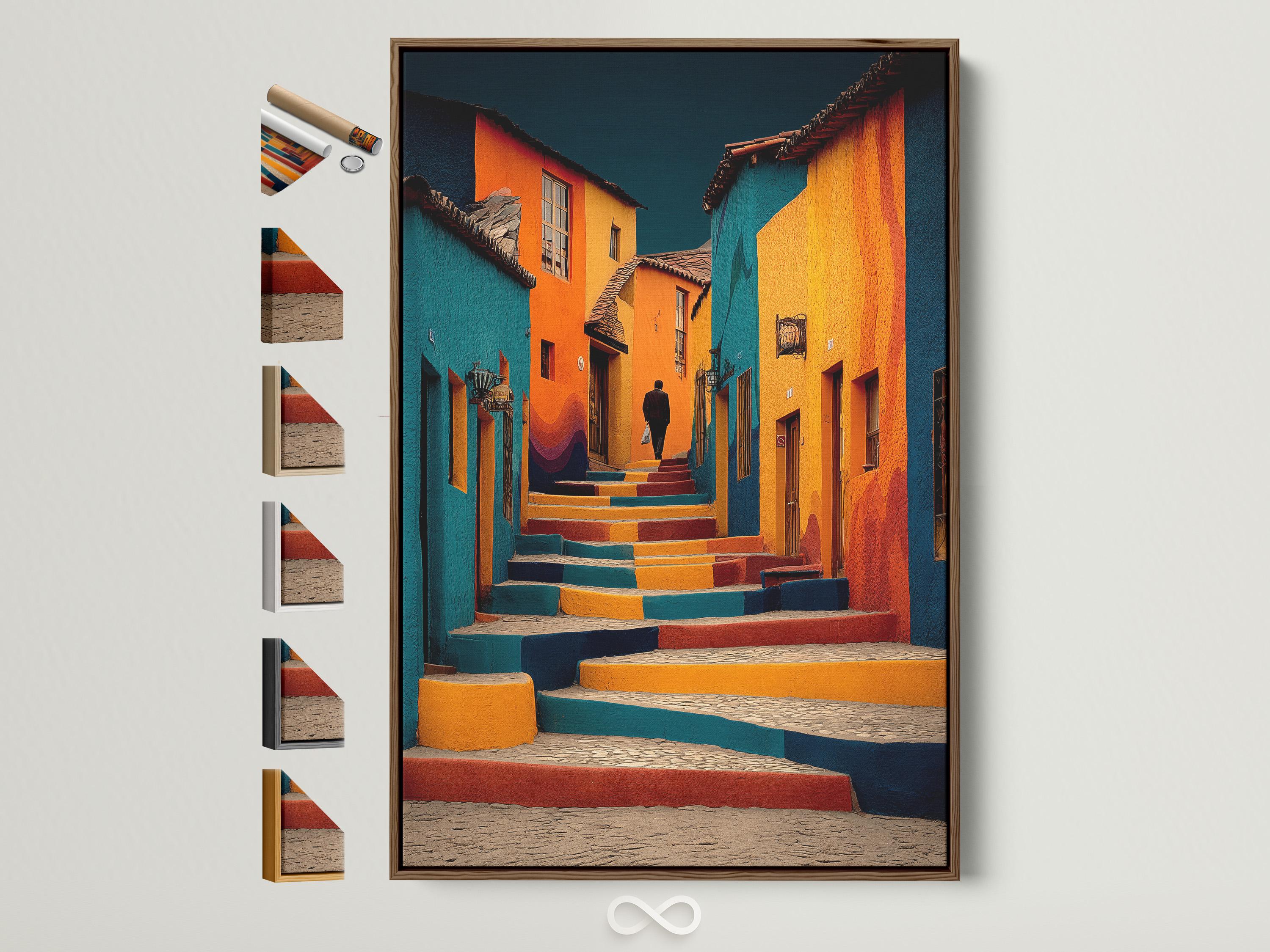 Colourful street steps artwork with teal, orange and deep blue buildings and a lone silhouette