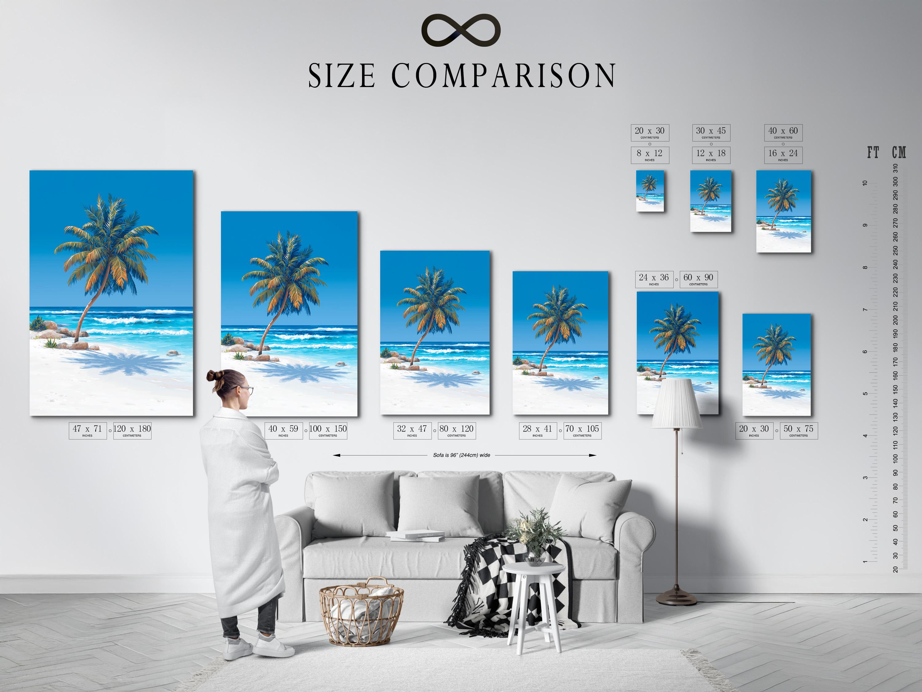 Tropical beach scene with a palm tree, turquoise ocean waves, and a blue sky detail view