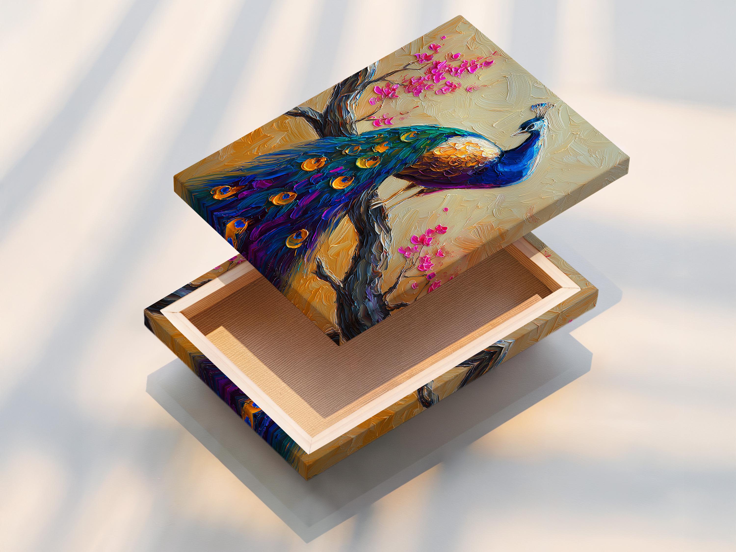 Vibrant peacock with jewel-toned blue feathers beside pink cherry blossom branches on a cream textured background detail view