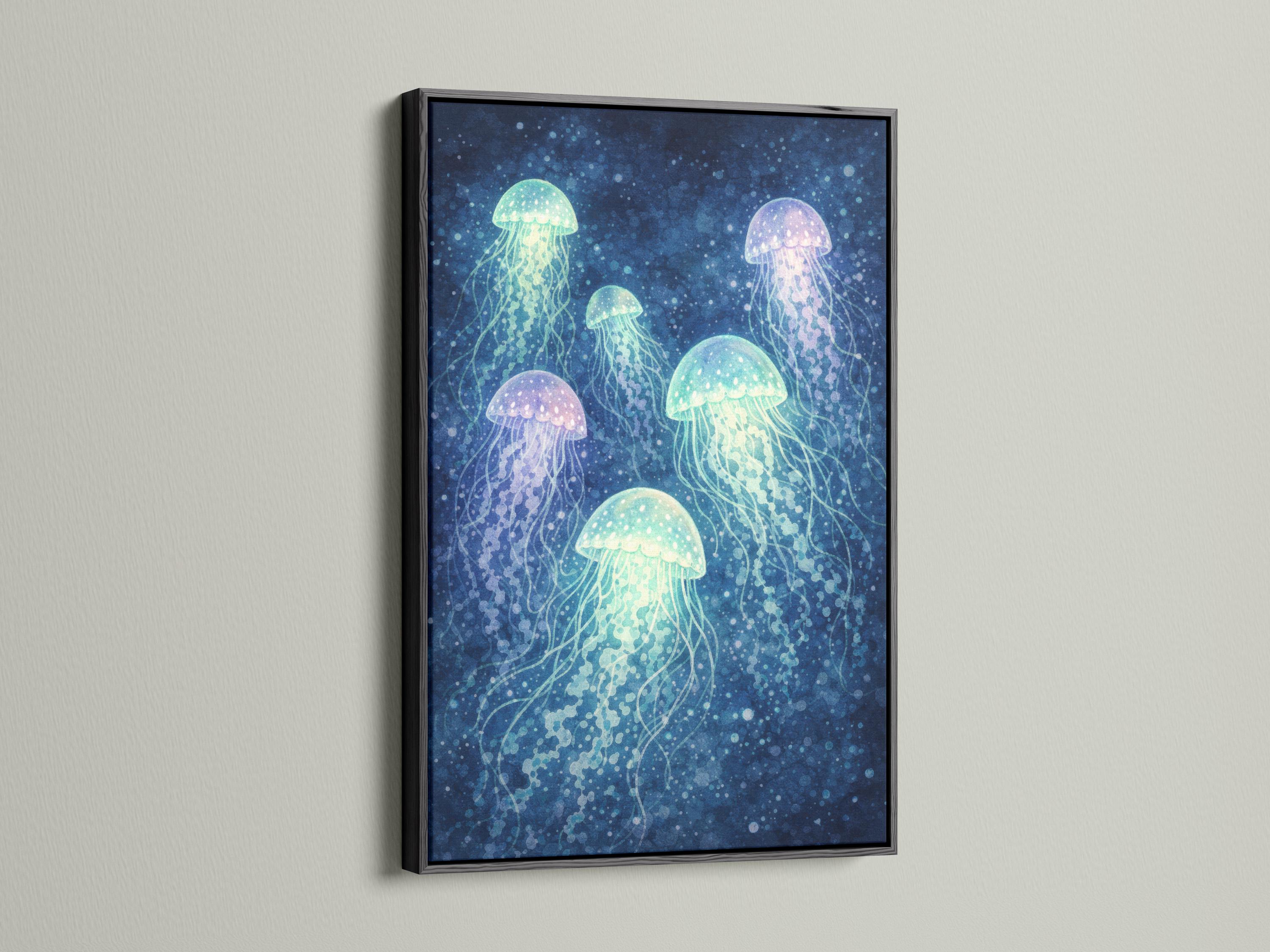 Glowing jellyfish in deep blue water with mint, aqua and lilac tones detail view