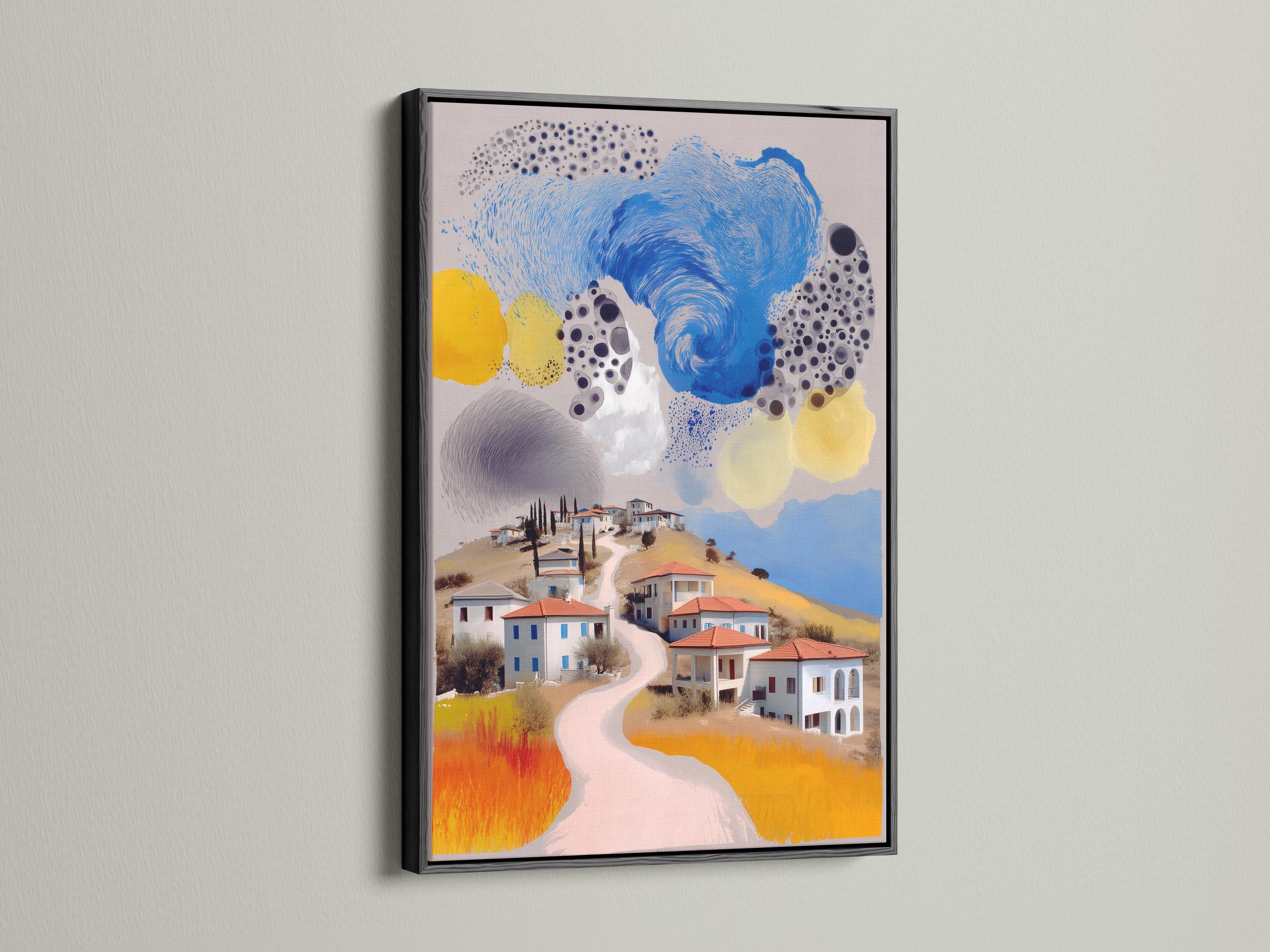 Room mockup featuring a framed stylised village landscape artwork with a swirling blue sky