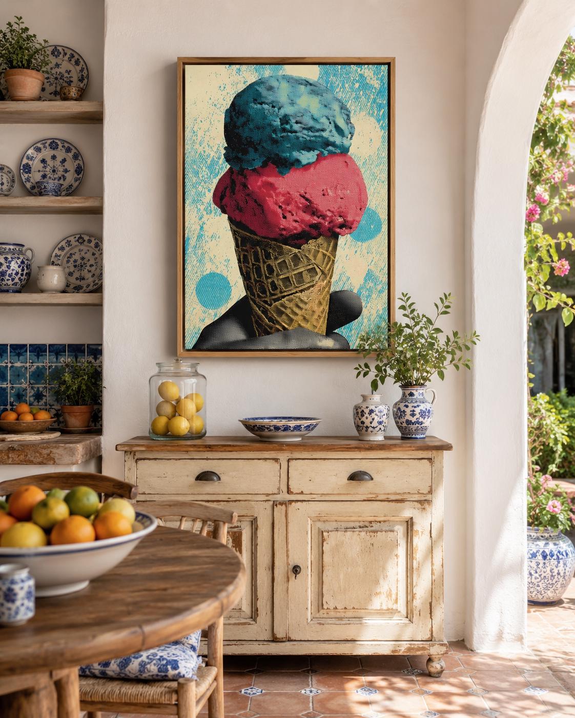 Pop-art ice cream cone illustration with turquoise and coral scoops and a patterned cone detail view