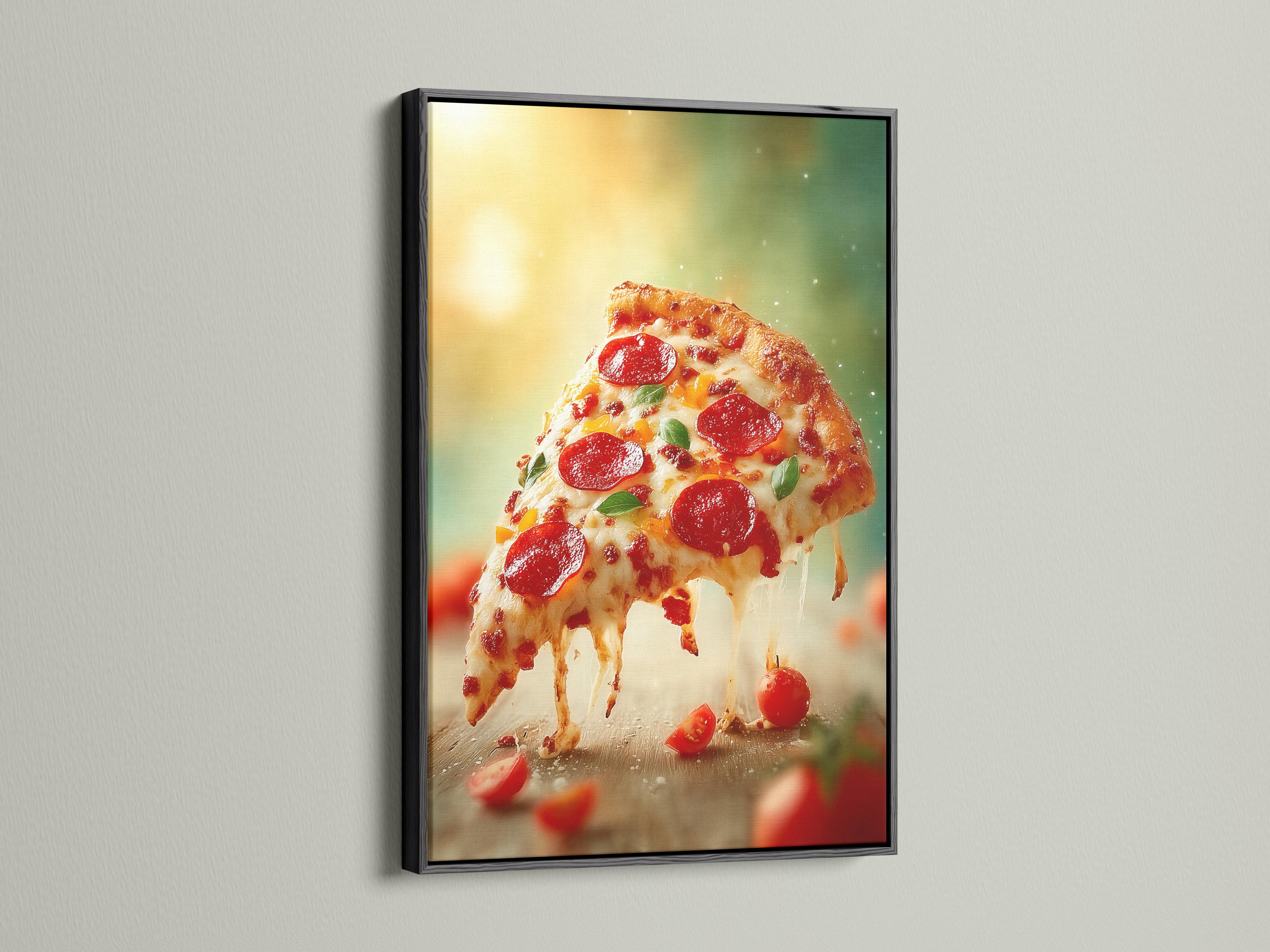 Close-up view of a pepperoni pizza slice with red toppings and melted cheese