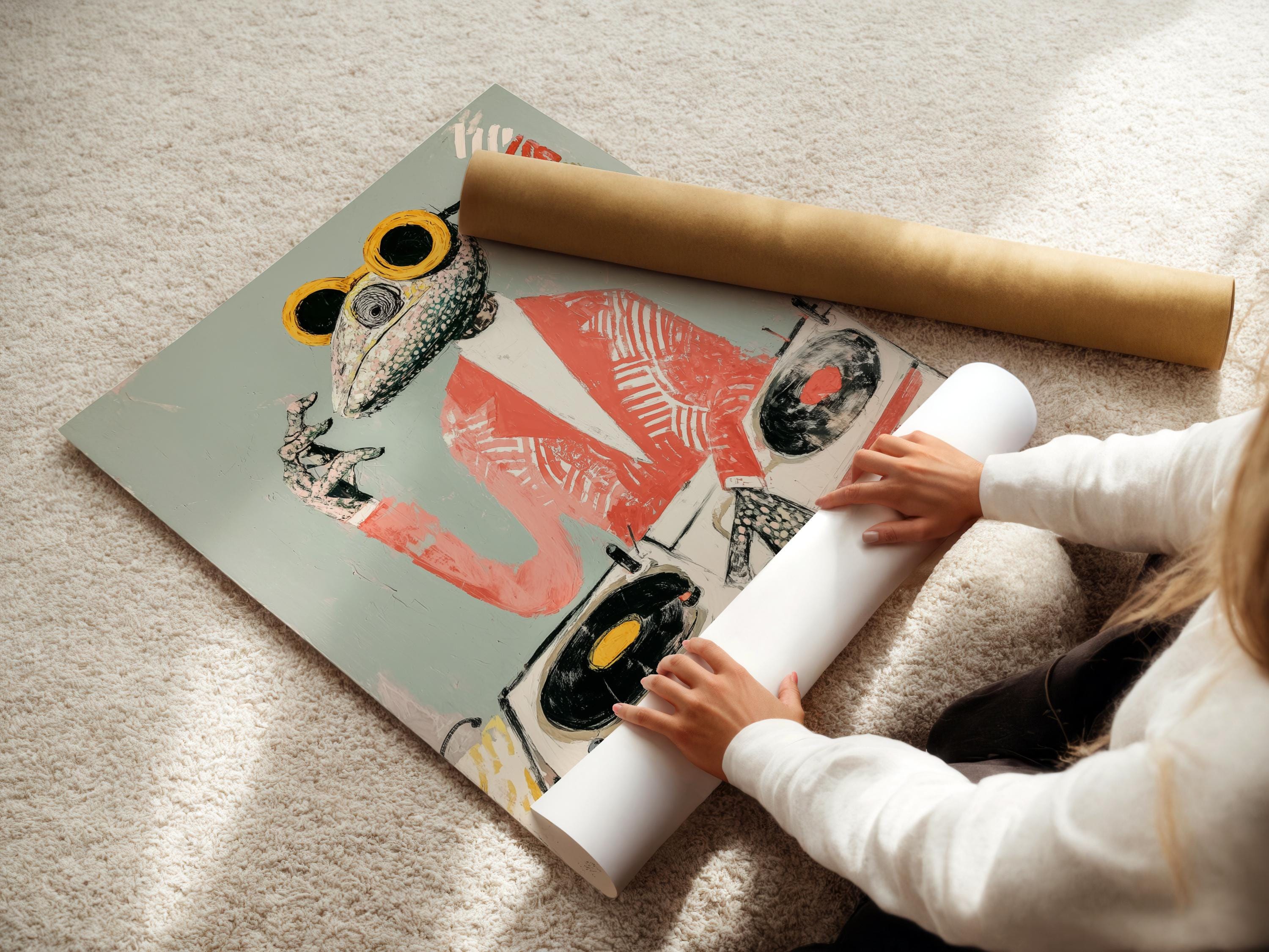 Stylised reptile DJ with goggles and headset beside a turntable on a pale teal background detail view