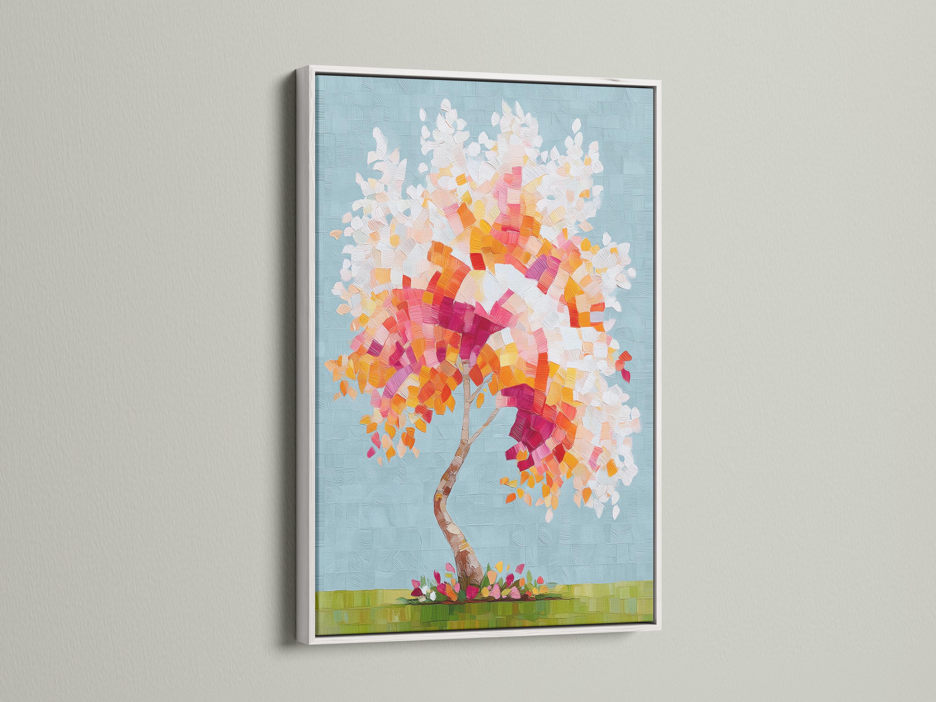 Colourful abstract tree with a mosaic canopy in pink, orange and yellow on a blue textured background detail view