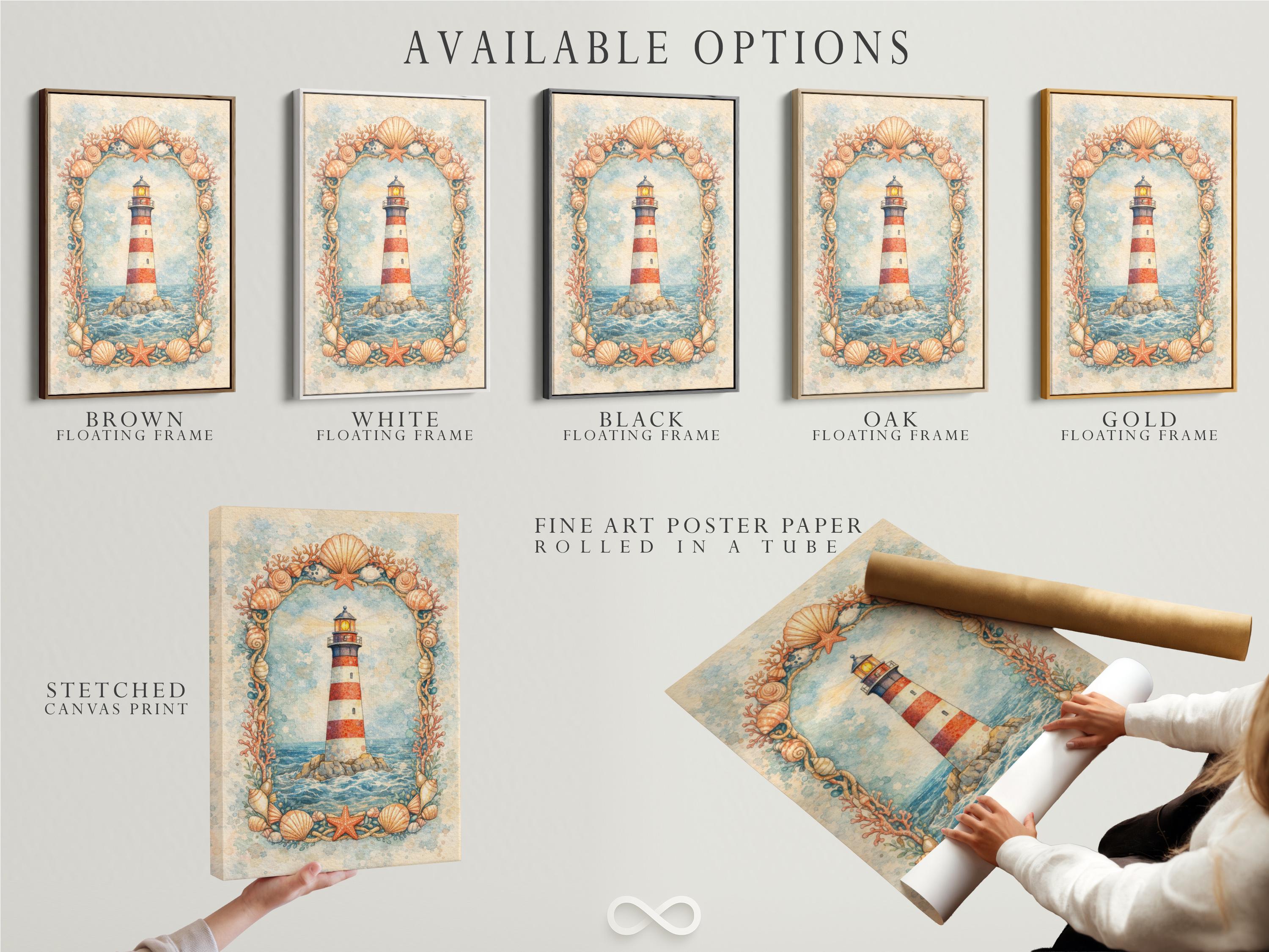 Coastal lighthouse illustration with seashells, starfish and coral-like branches framing the scene detail view