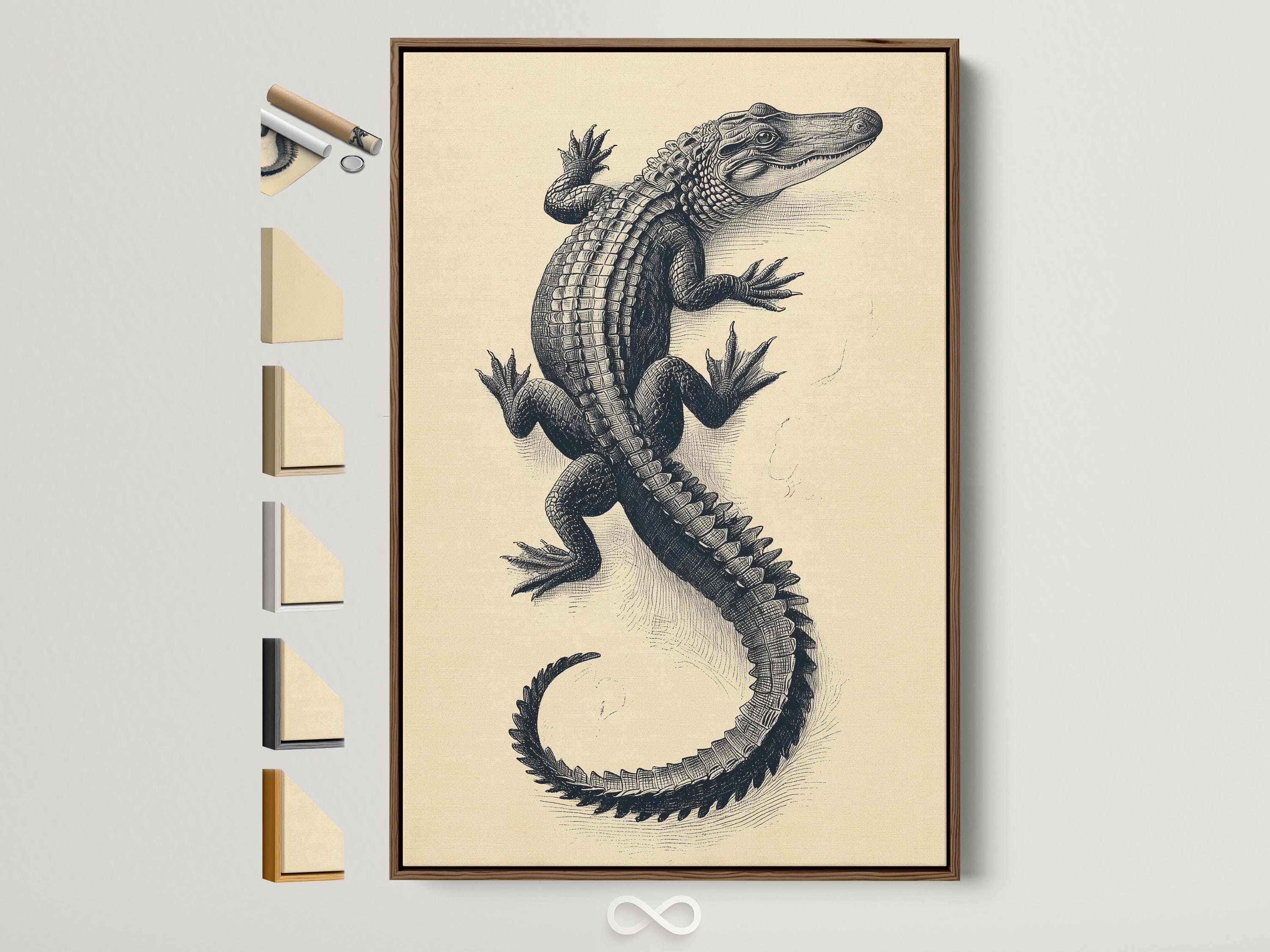 Room mockup showing framed alligator illustration above a wooden desk