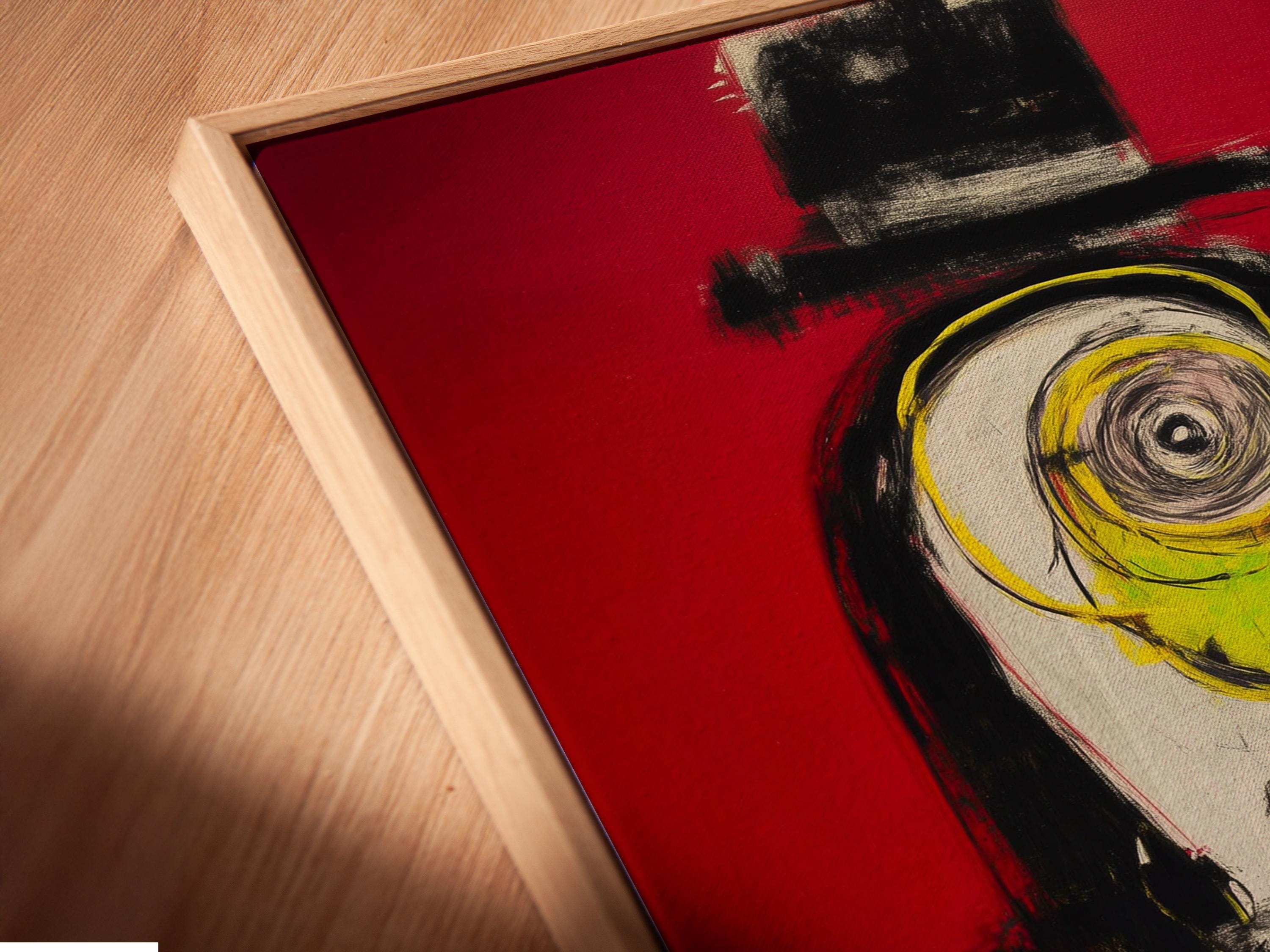 Stylised penguin-like bird portrait with red background, black shapes and yellow-green beak detail view