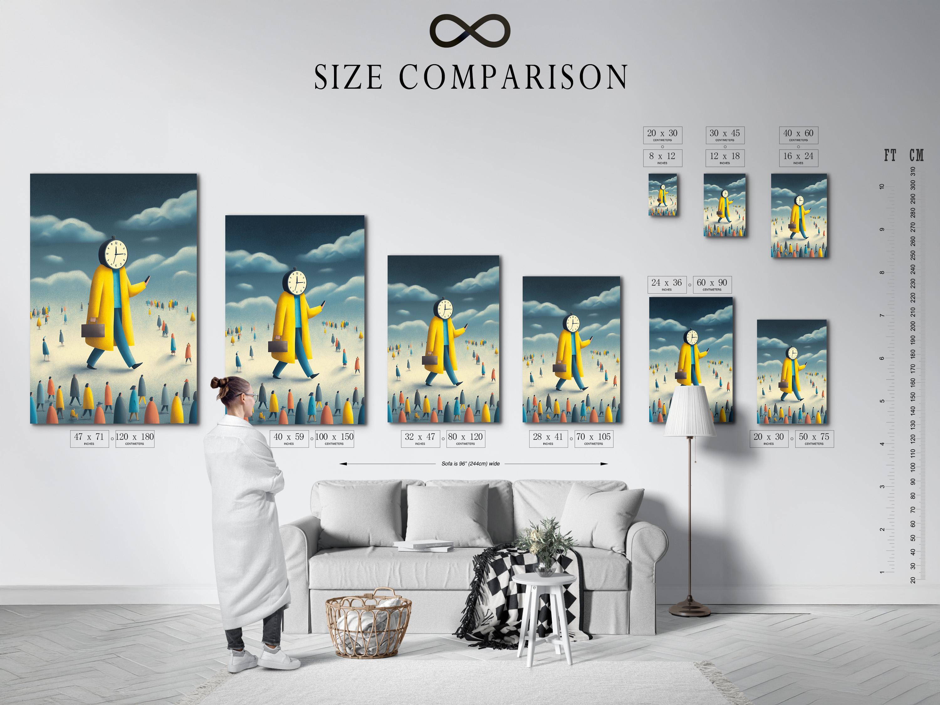 Mockup showing a framed clock-headed figure artwork in yellow and blue on a wall with supporting thumbnail views