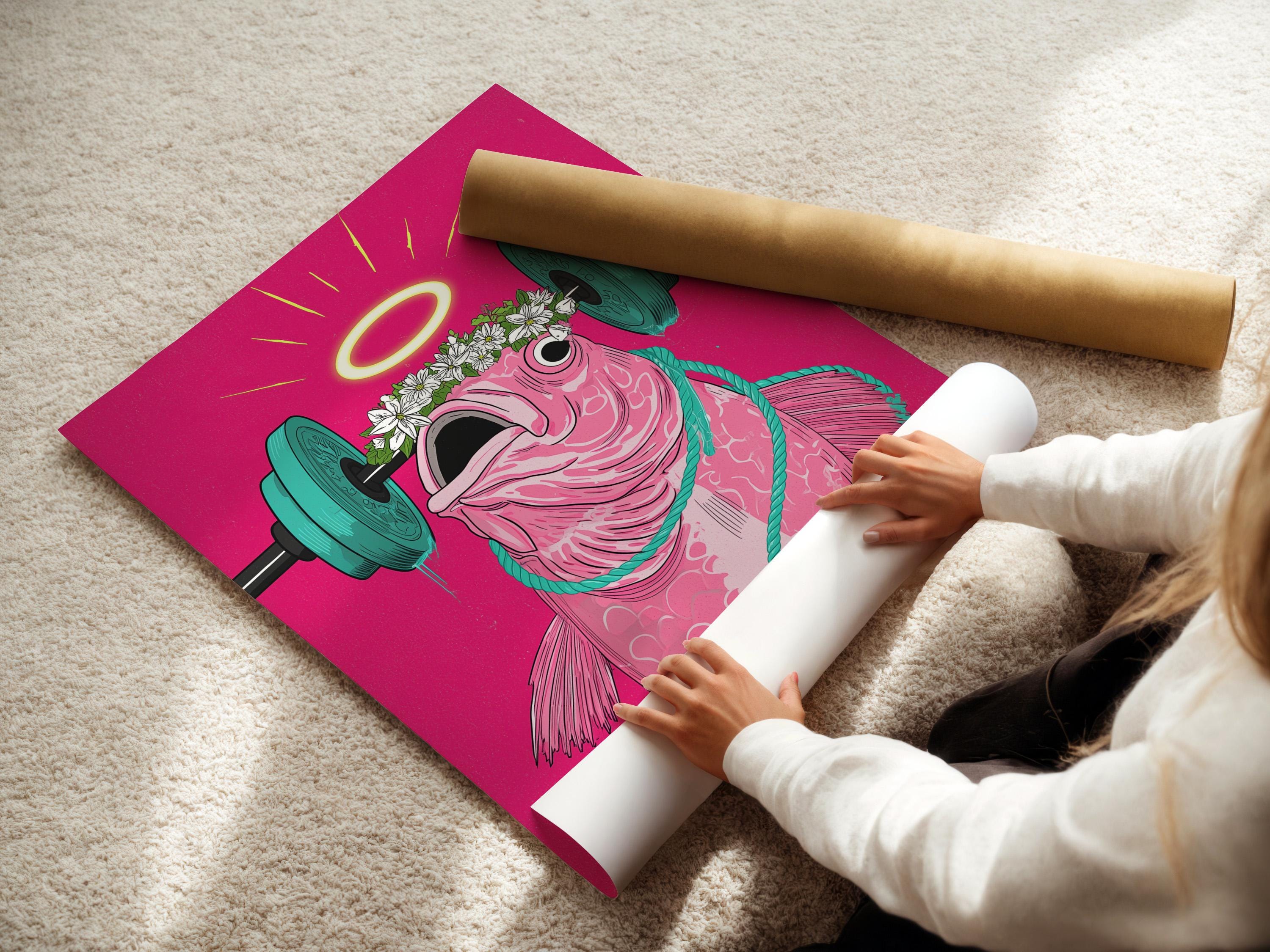 Stylised pink fish lifting a teal barbell with a yellow halo and white flowers detail view