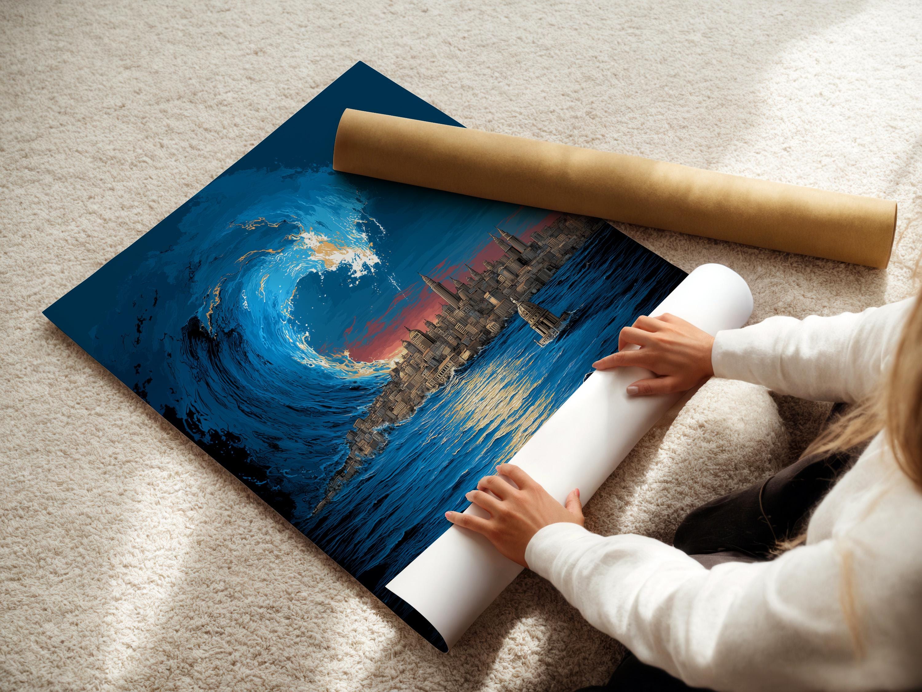 Coastal cityscape artwork in a framed wall mockup showing a large blue wave and skyline