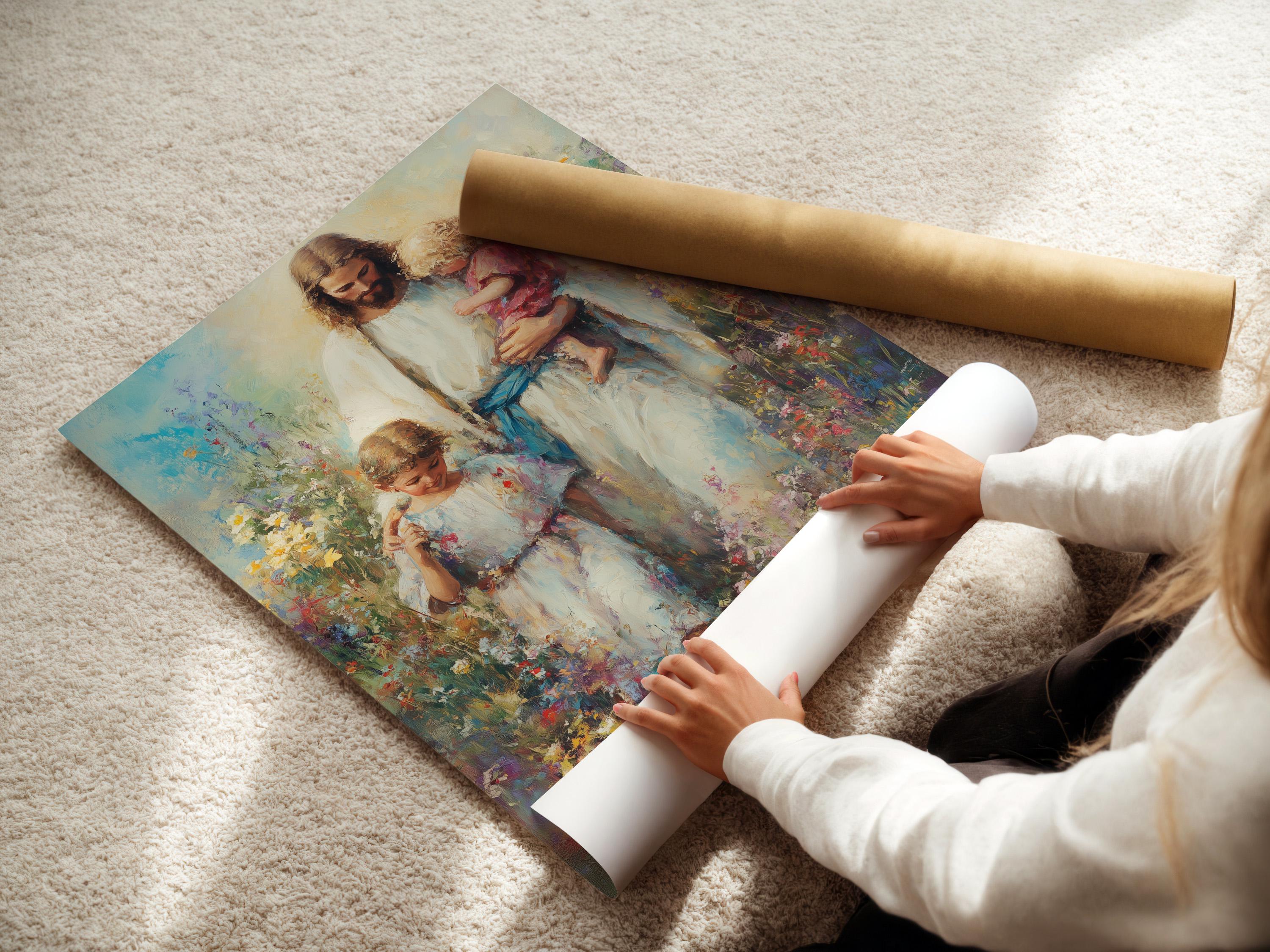 Painterly religious scene of a bearded adult holding a child in a colourful flower meadow detail view