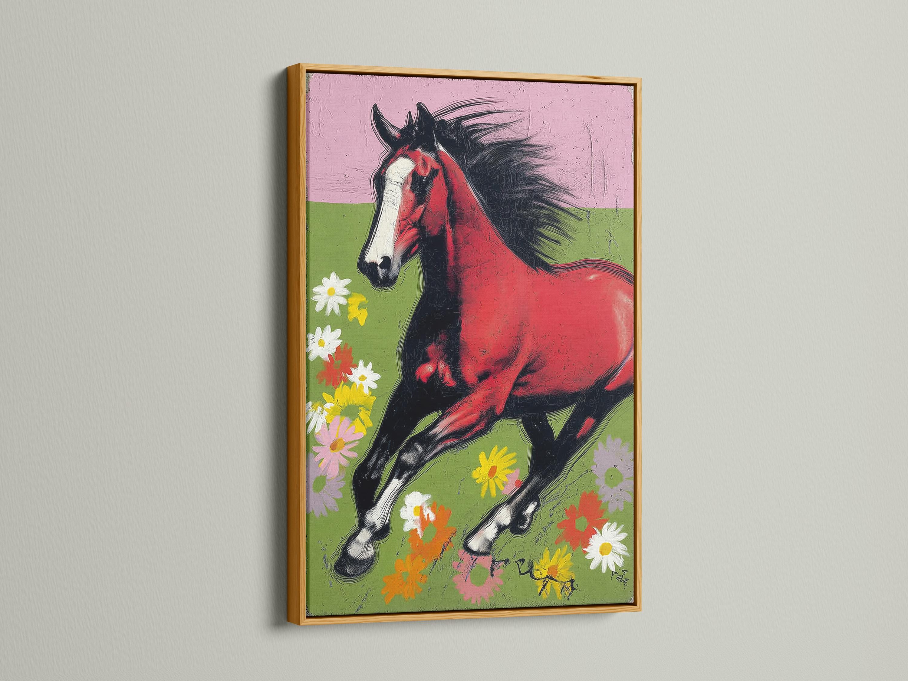 Running horse in red and black with a green meadow and colourful flowers detail view