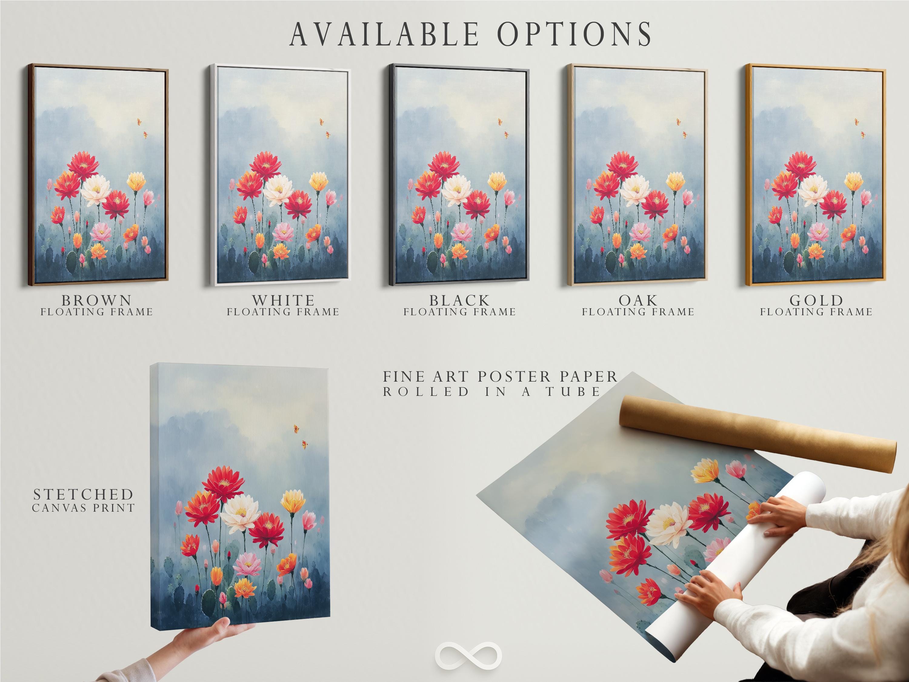Framed desert flower bouquet artwork on a wall mockup with small butterfly details