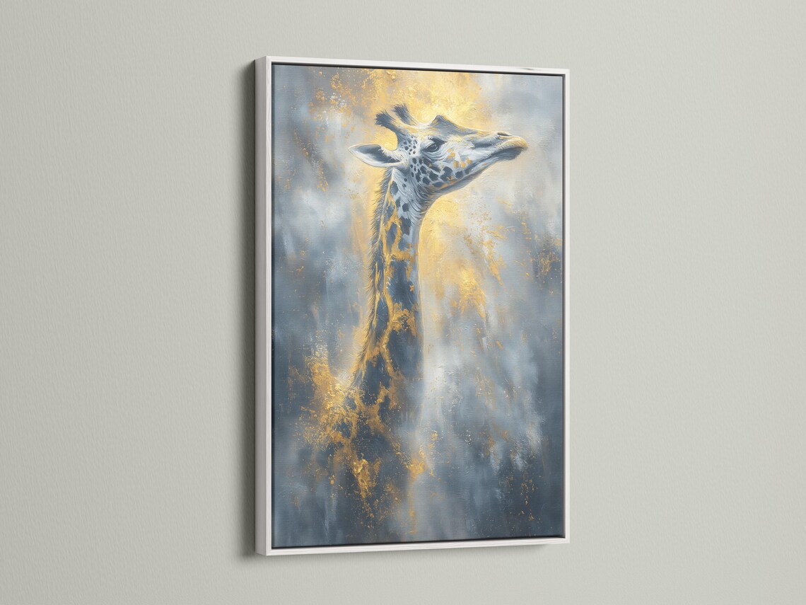 Stylised giraffe portrait in blue and grey with warm gold highlights and speckled texture detail view
