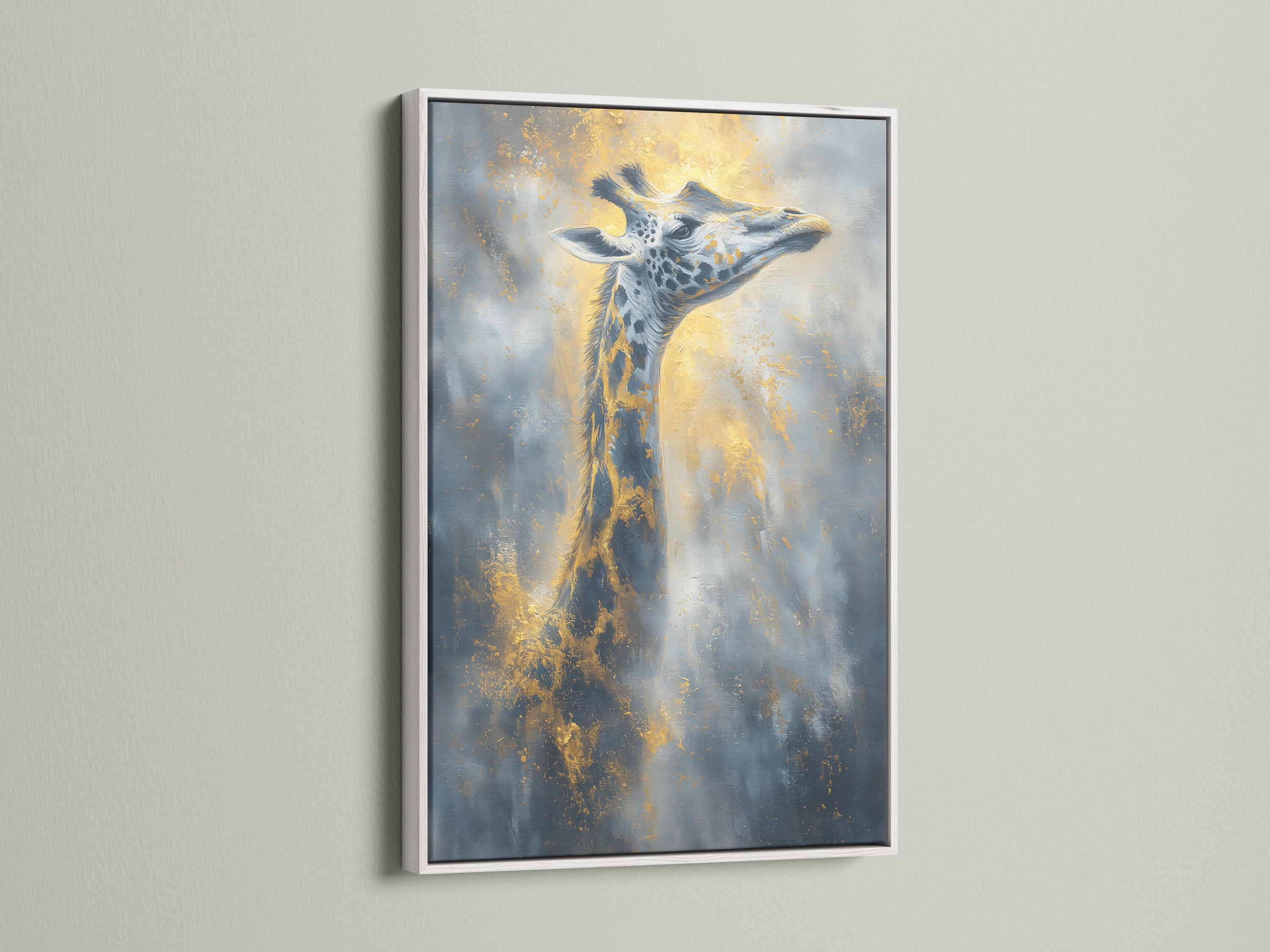 Stylised giraffe portrait in blue and grey with warm gold highlights and speckled texture detail view