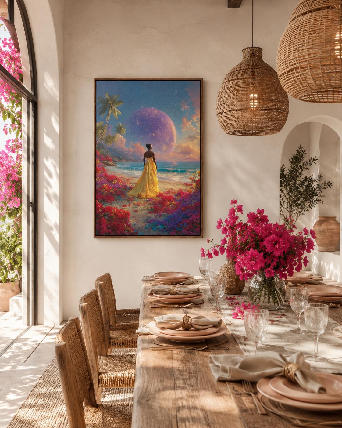 Room scene with a woman in a gold dress tropical beach artwork leaning against a wall