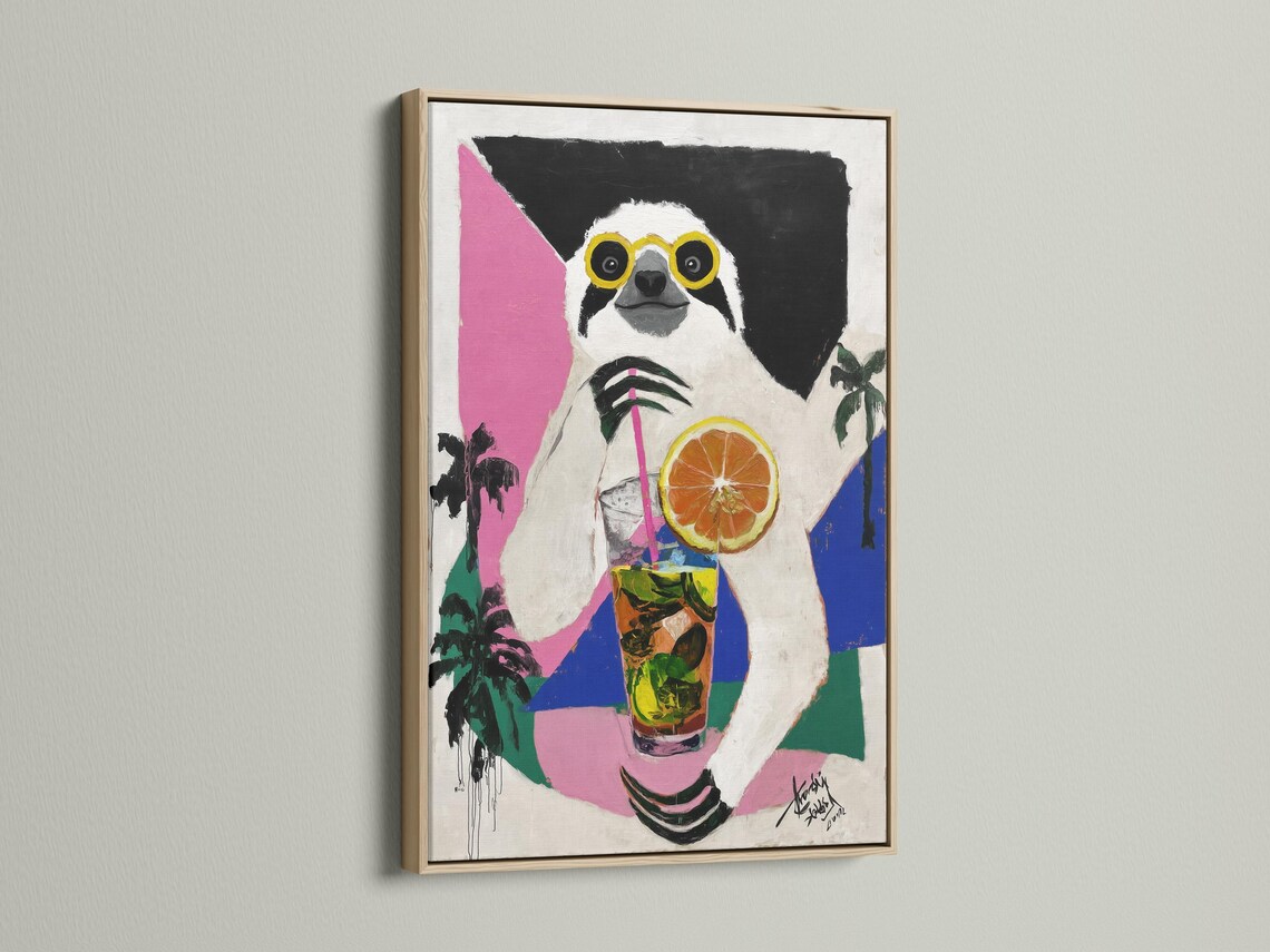 Sloth wearing yellow glasses holding a tropical drink with an orange slice against pink and blue blocks detail view