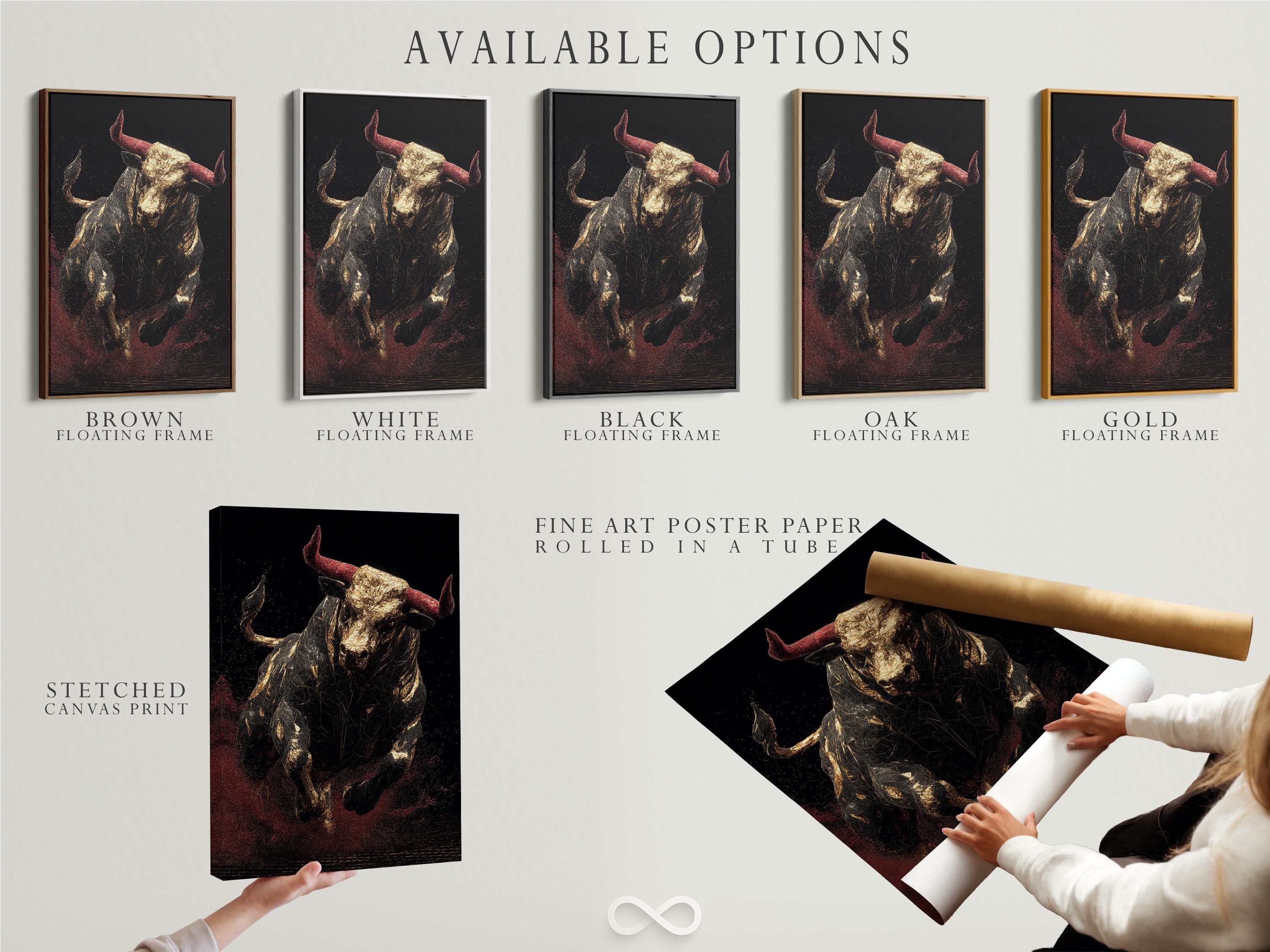 Geometric bull with gold facets, muted red horns and a dark speckled background detail view