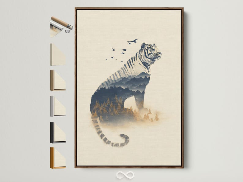Double exposure tiger portrait overlapping a misty forest, with birds in flight above