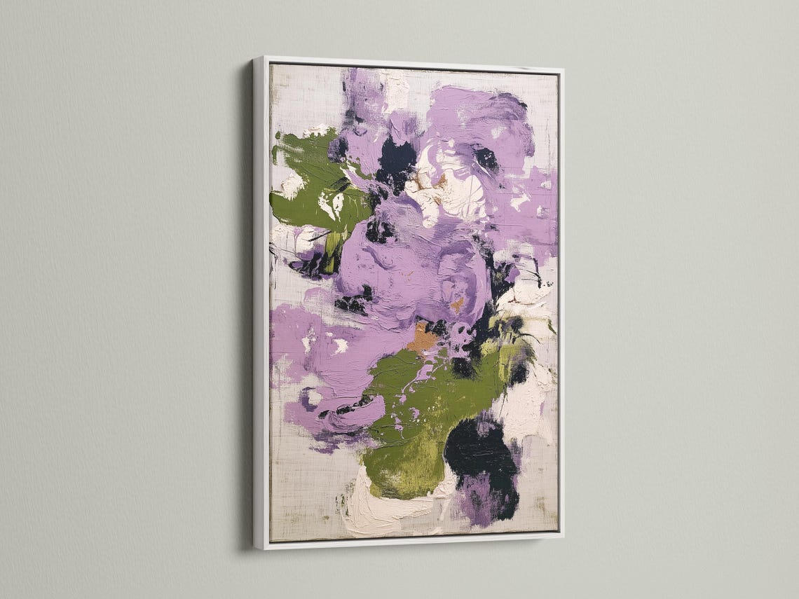 Abstract floral artwork with lilac and purple shapes, muted green accents and textured brush marks detail view
