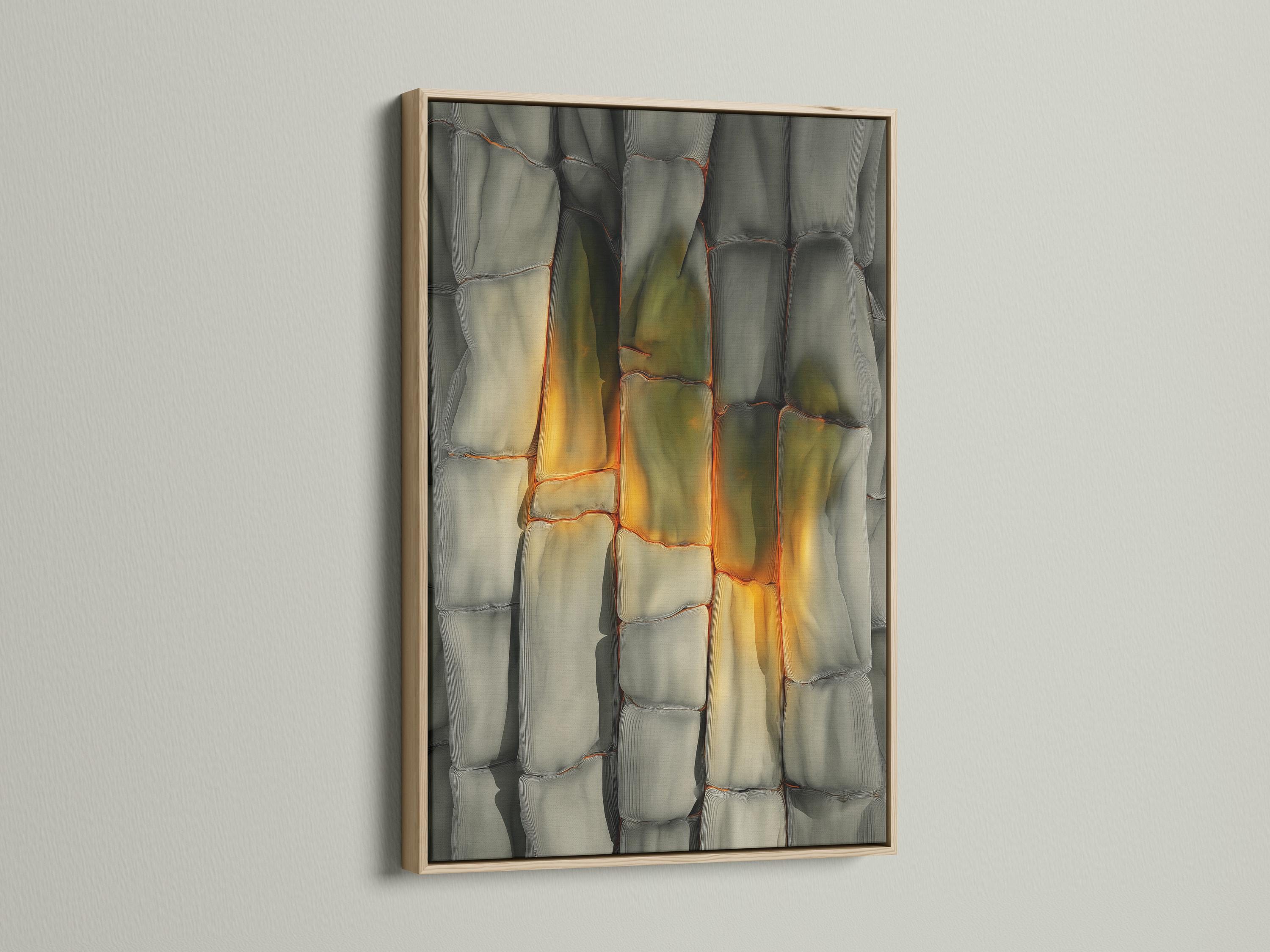 Abstract stone-texture artwork with cool grey blocks and warm beige-gold highlights in a rectangular frame detail view
