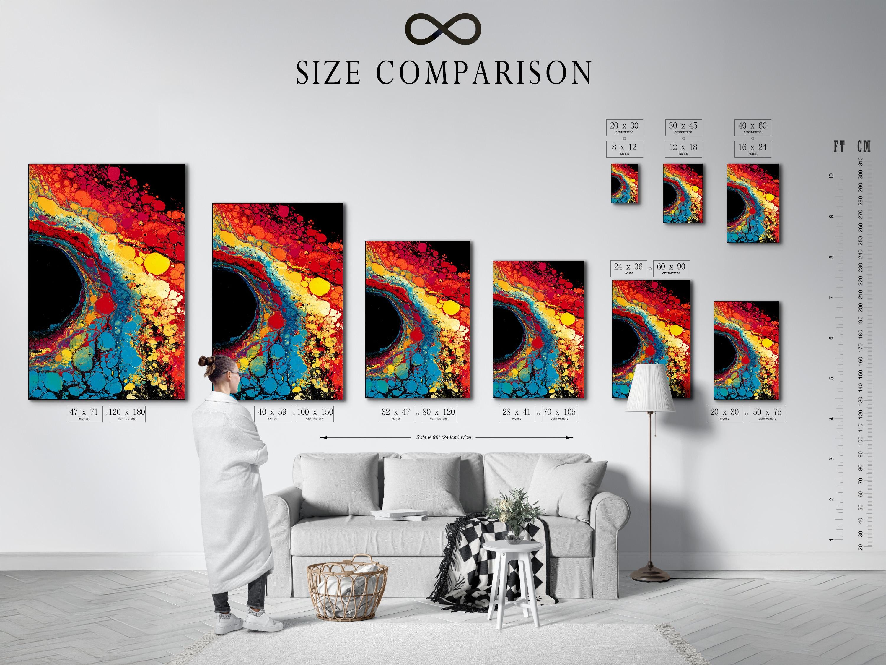 Fluid abstract artwork with red, blue, yellow and black bubble-like cells detail view