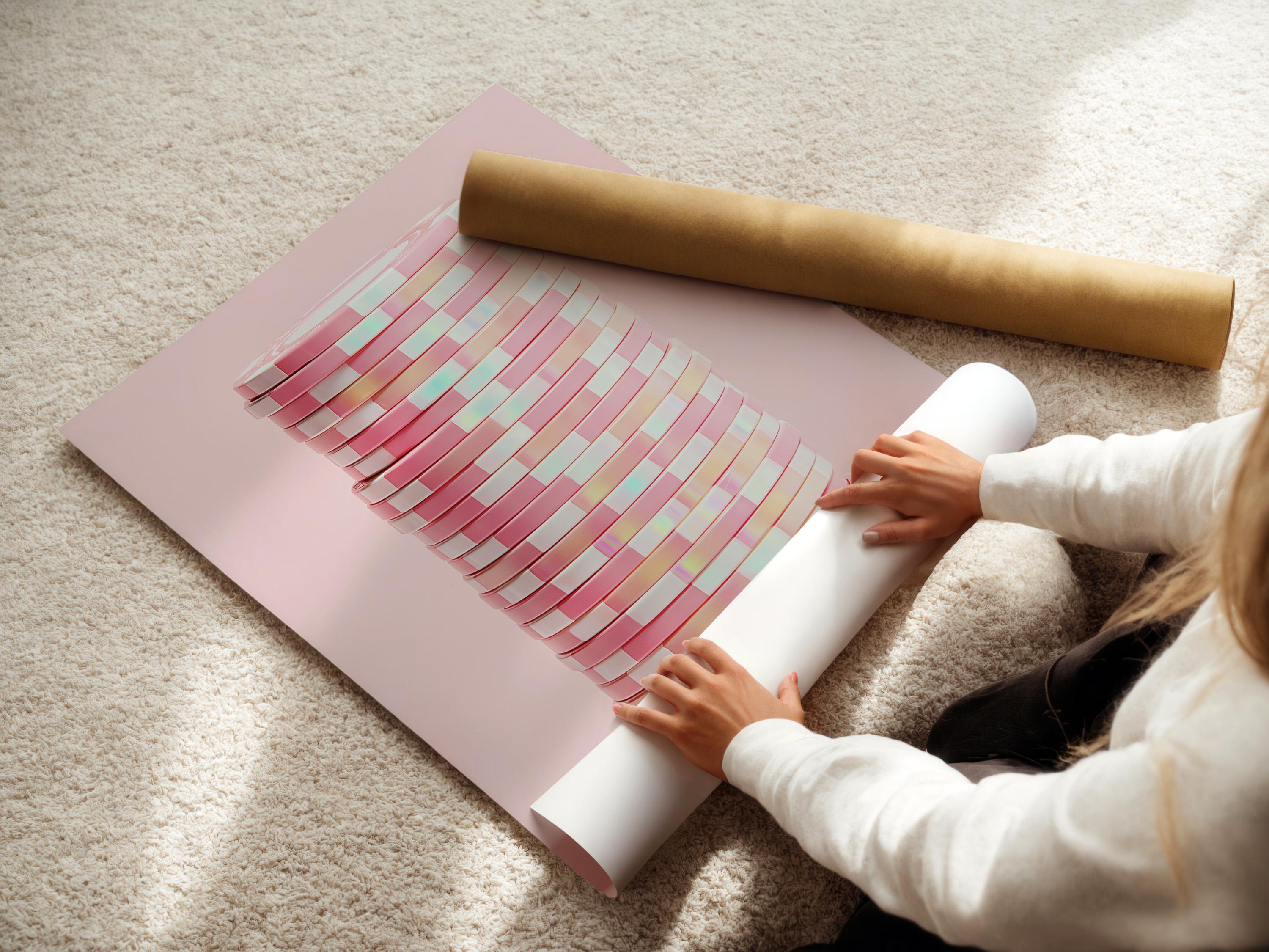 Pastel pink abstract artwork showing stacked disc shapes with subtle iridescent highlights detail view