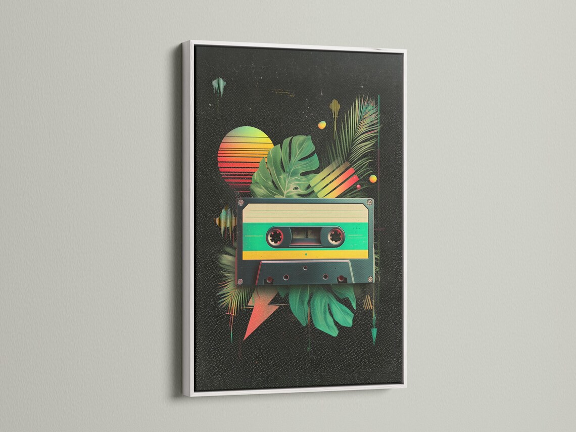 Retro cassette tape with tropical green leaves, neon stripes and floating orbs on a dark speckled background detail view