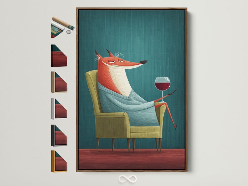 Stylised fox holding a wine glass in a teal mid-century interior illustration
