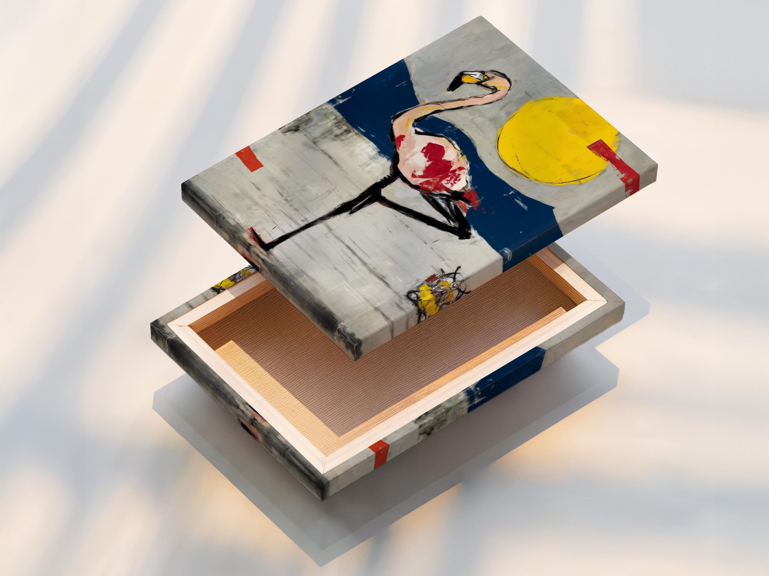 Room mockup showing a framed flamingo artwork with a yellow sun and navy blue horizon