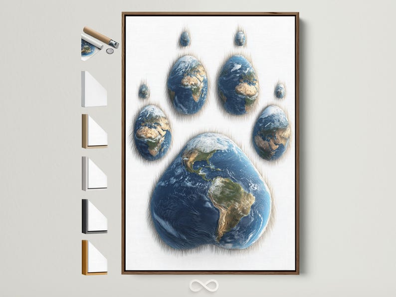 Globe Earth paw print with deep blue oceans and green and beige landmasses on a light background