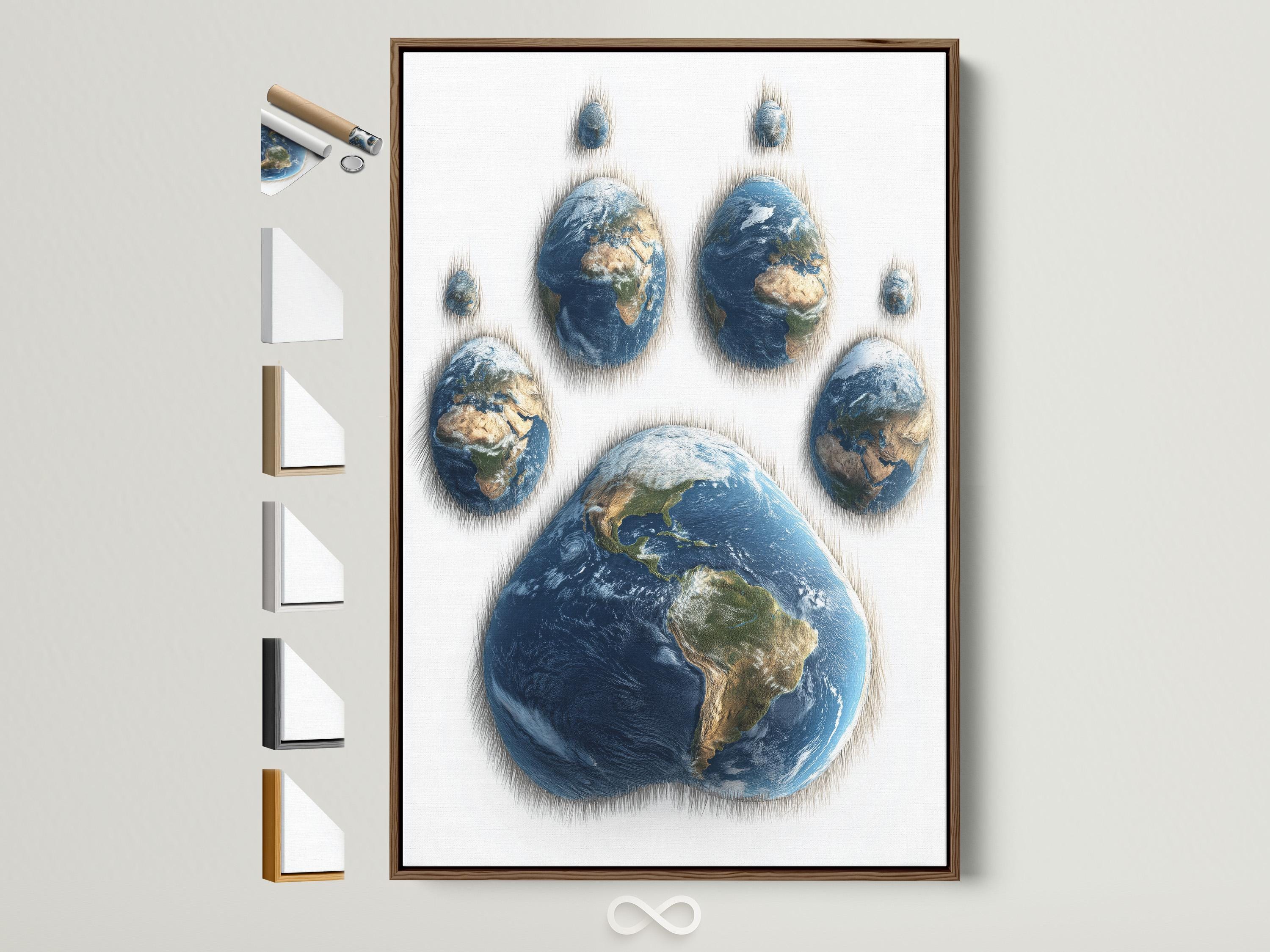 Globe Earth paw print with deep blue oceans and green and beige landmasses on a light background