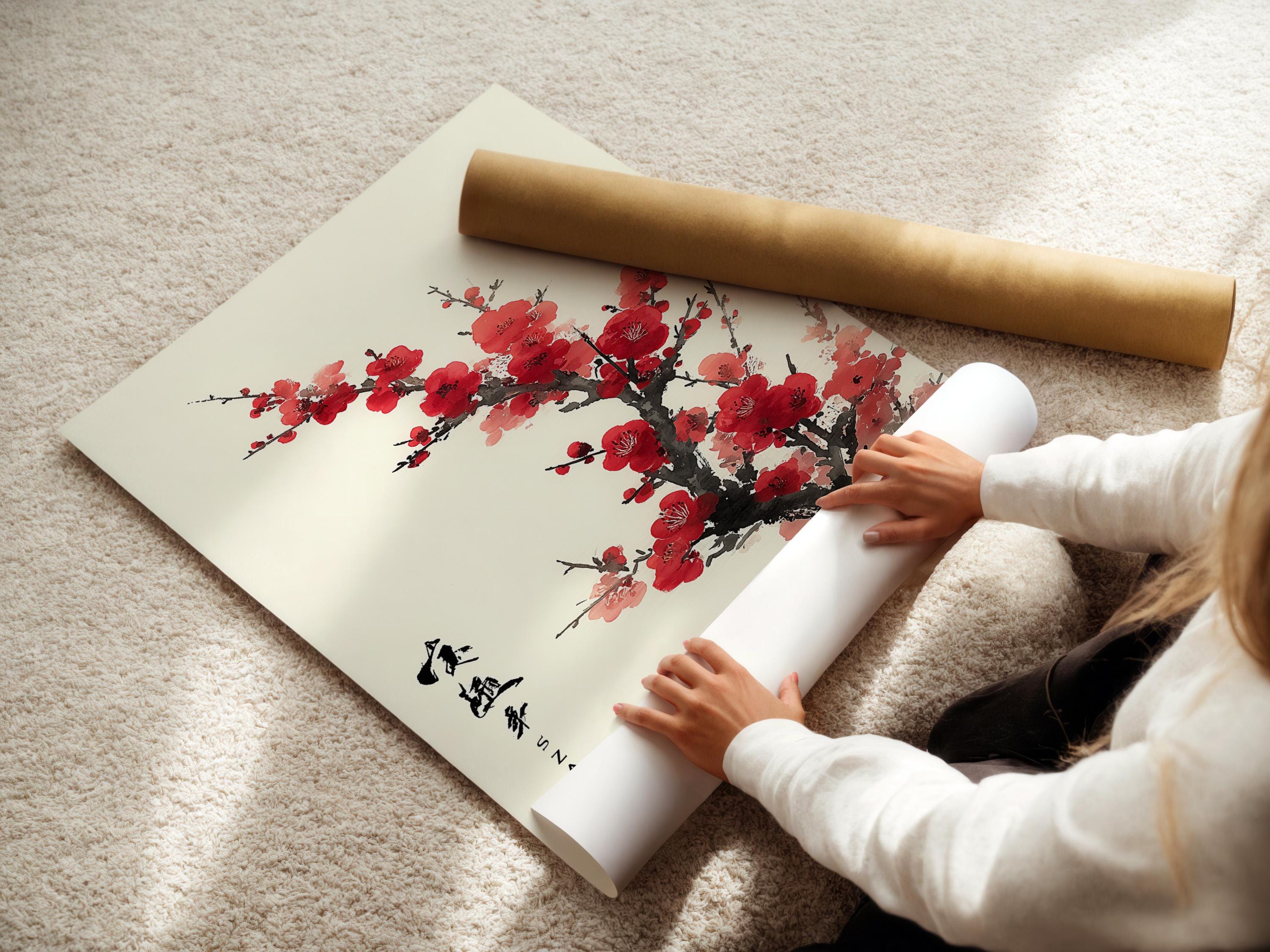 Red and pink plum blossoms on a black ink tree branch with vertical calligraphy and a red seal detail view