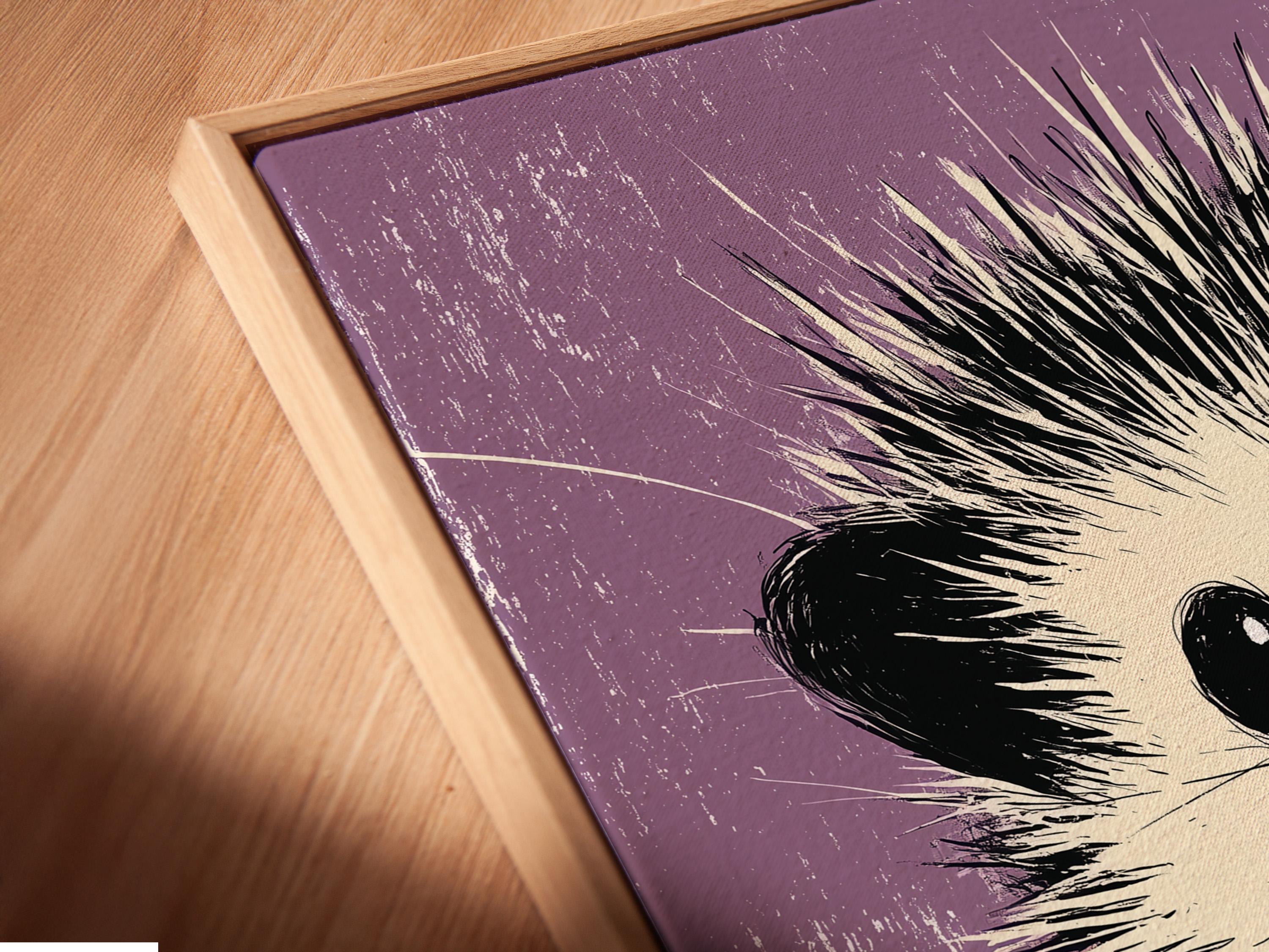 Hedgehog illustration in black and white on a textured lilac-purple background detail view