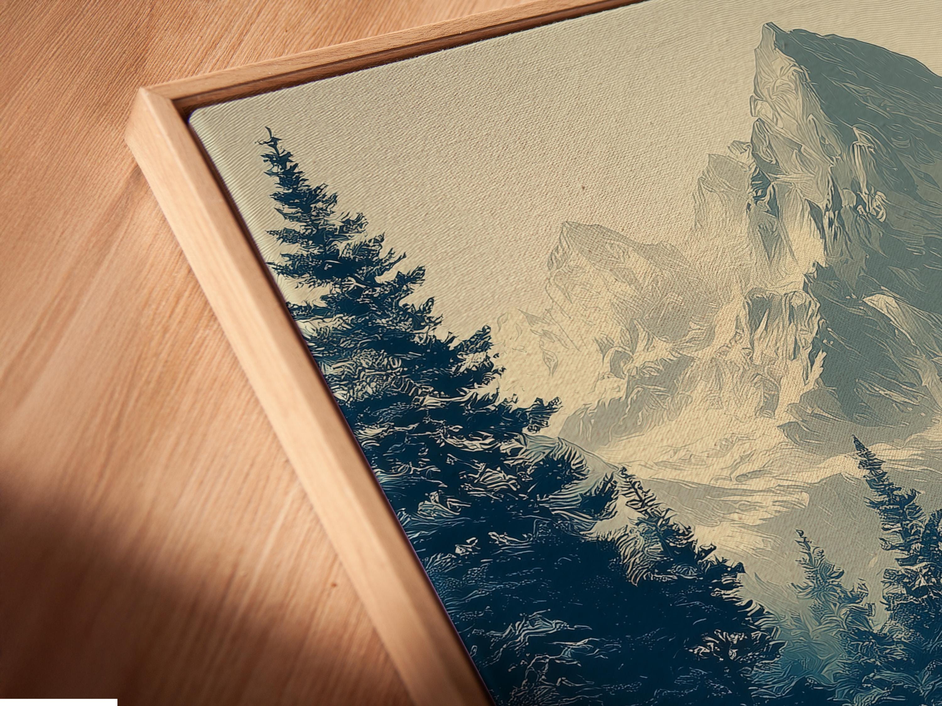 Bison standing in a forest and mountain landscape with pine trees and misty peaks detail view