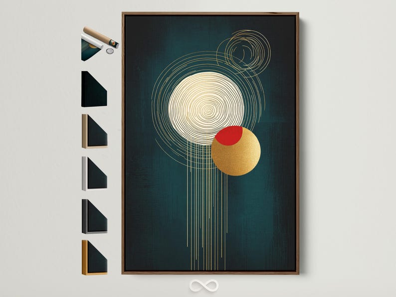 A teal abstract background features intersecting golden line circles, a red circle accent, and a gold disc with draping vertical lines