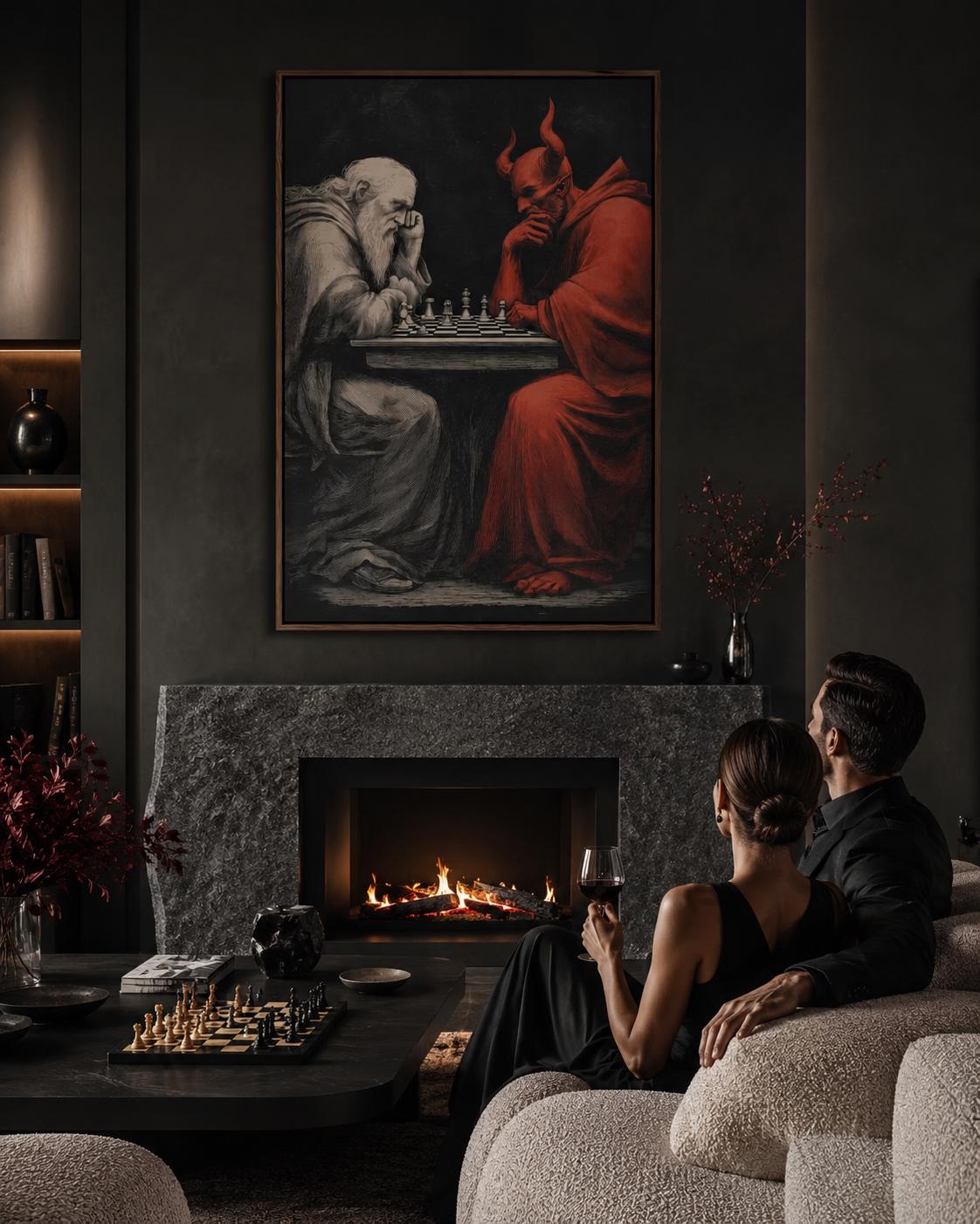 Chess duel scene with a pale angel-like figure facing a red horned devil over chess pieces detail view