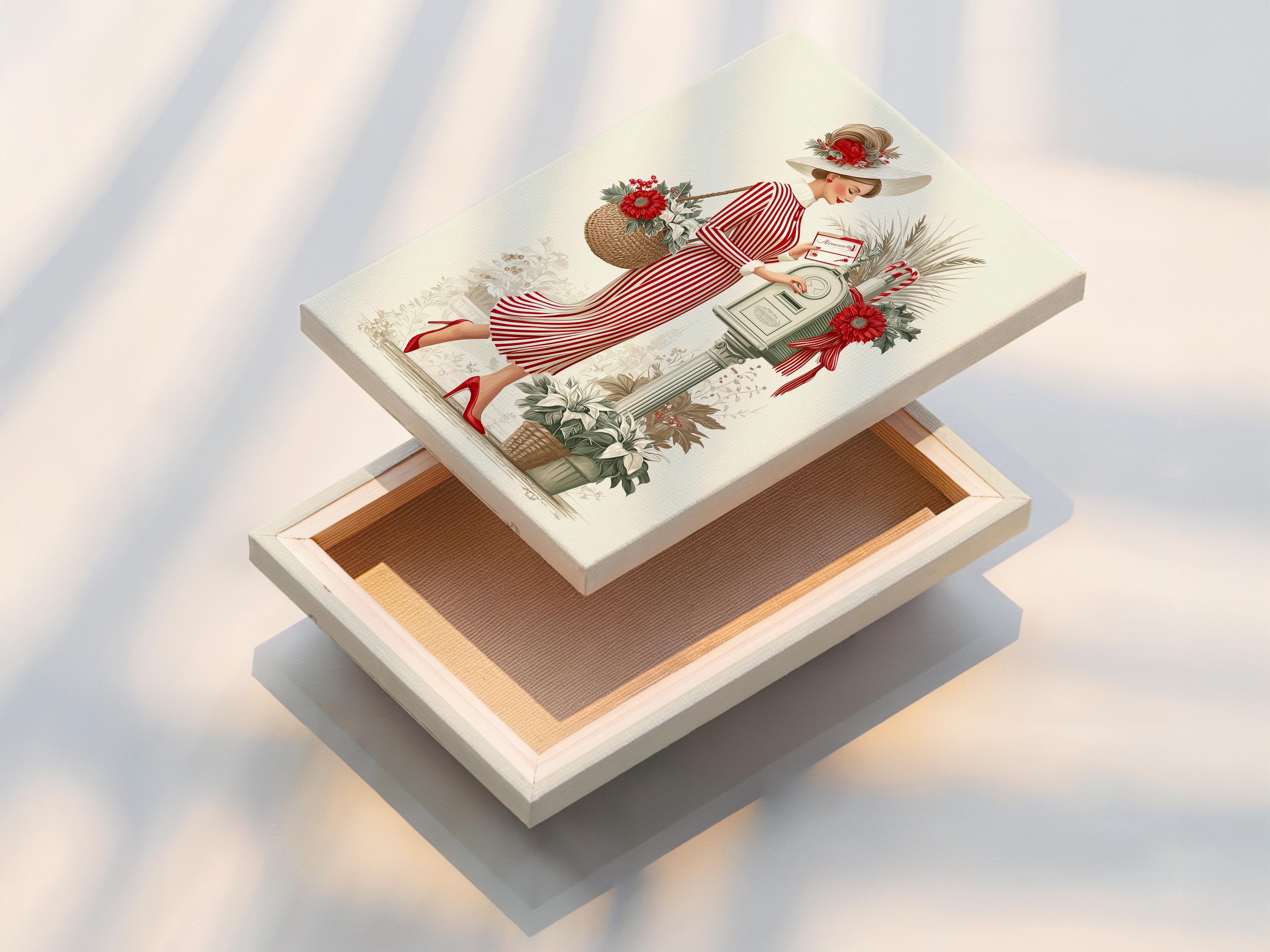 Vintage lady illustration in a red striped dress with a floral hat beside a vase of red flowers detail view