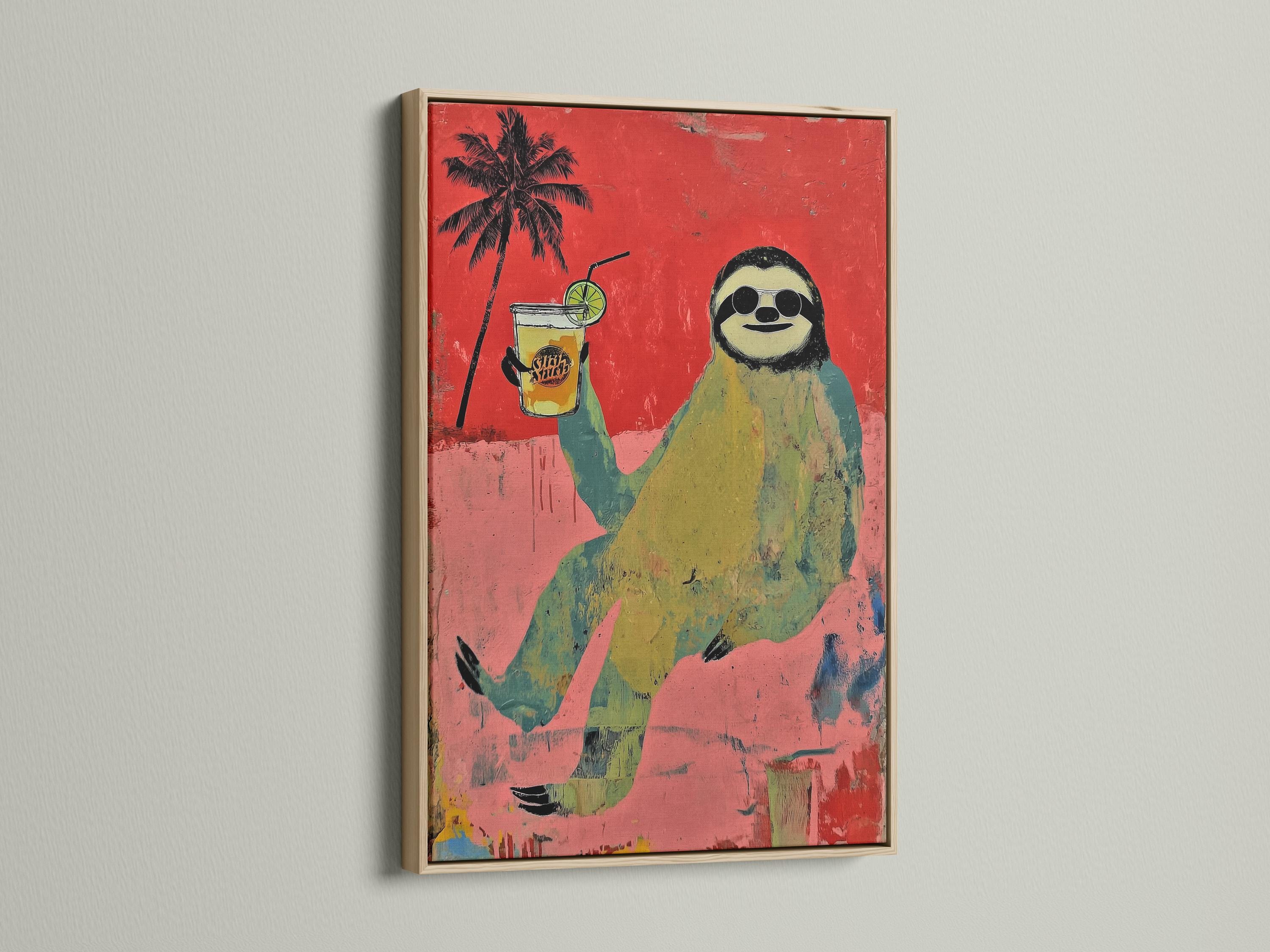 Cartoon sloth with round goggles holding a green drink with straw and lime slice, beside a palm tree on a red textured background detail view
