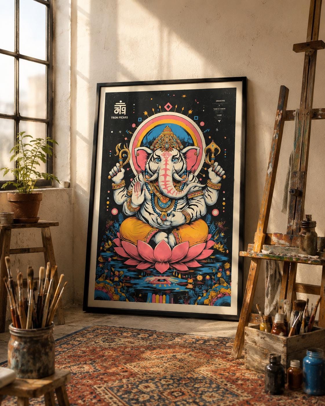Colourful elephant-headed deity seated above a pink lotus on a dark starry background detail view