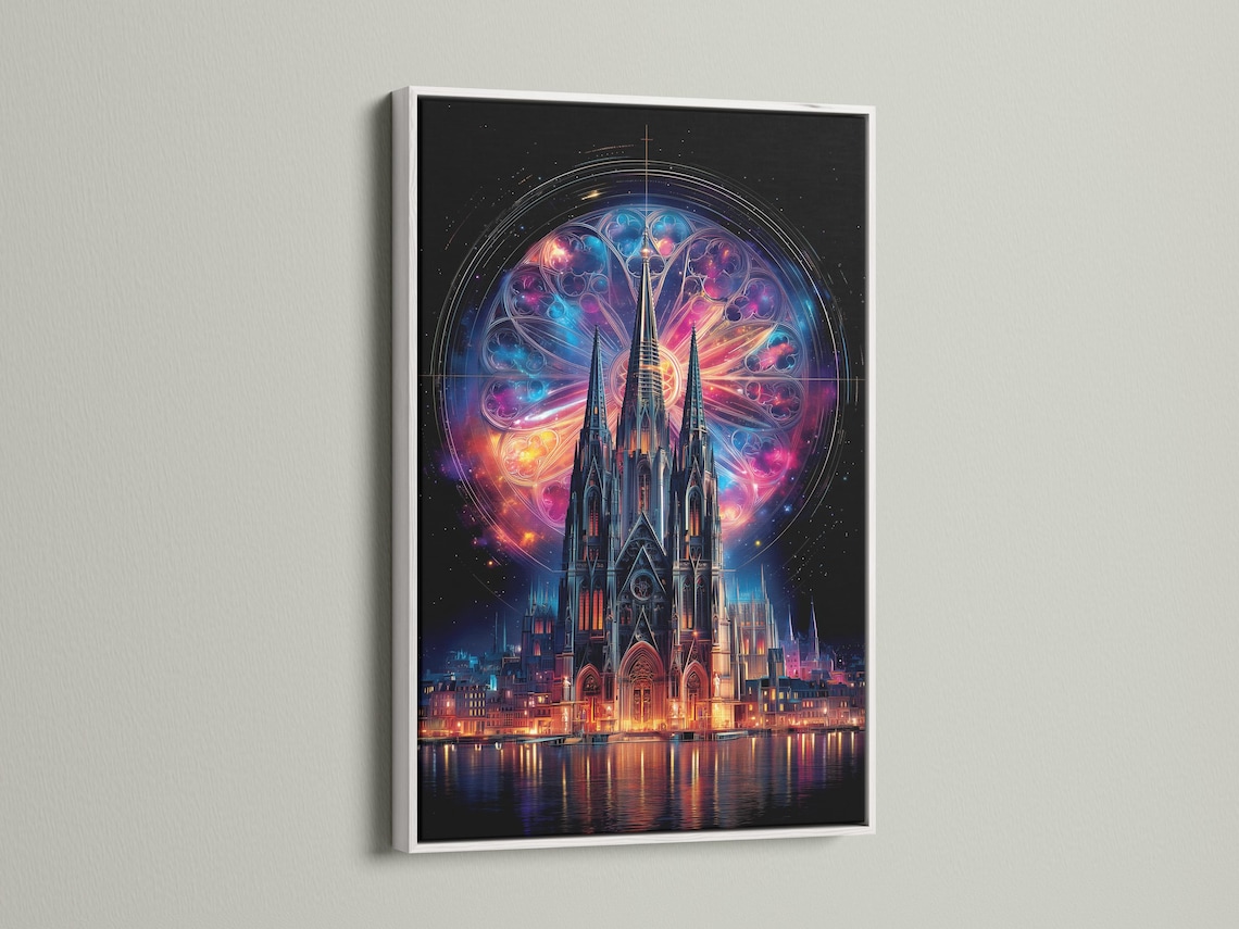 A glowing cosmic halo and gothic cathedral with neon-coloured windows over dark water detail view