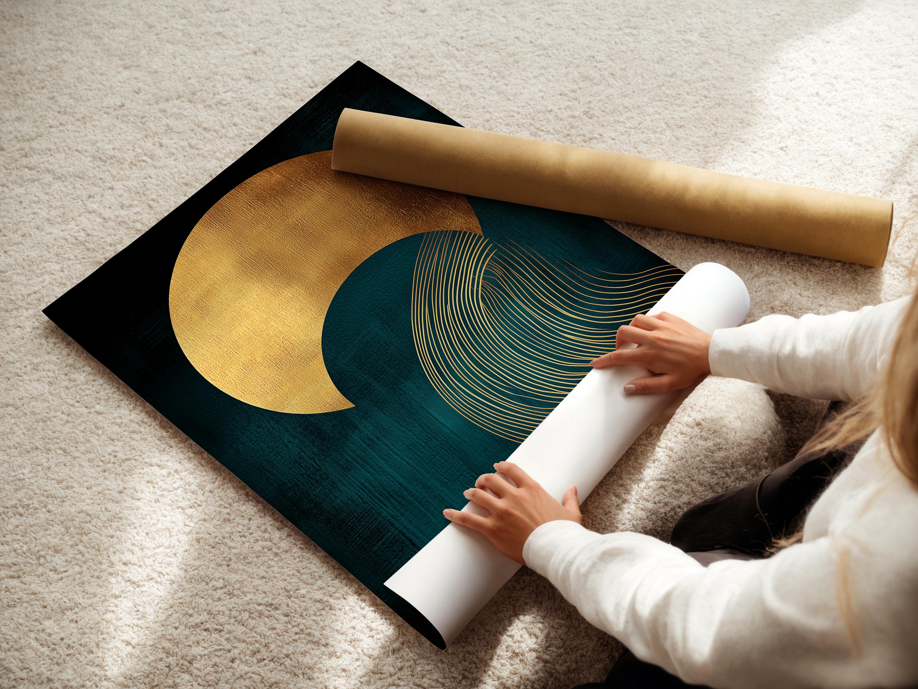 Abstract teal and gold artwork with a large sun-like circle and curved wave line pattern detail view