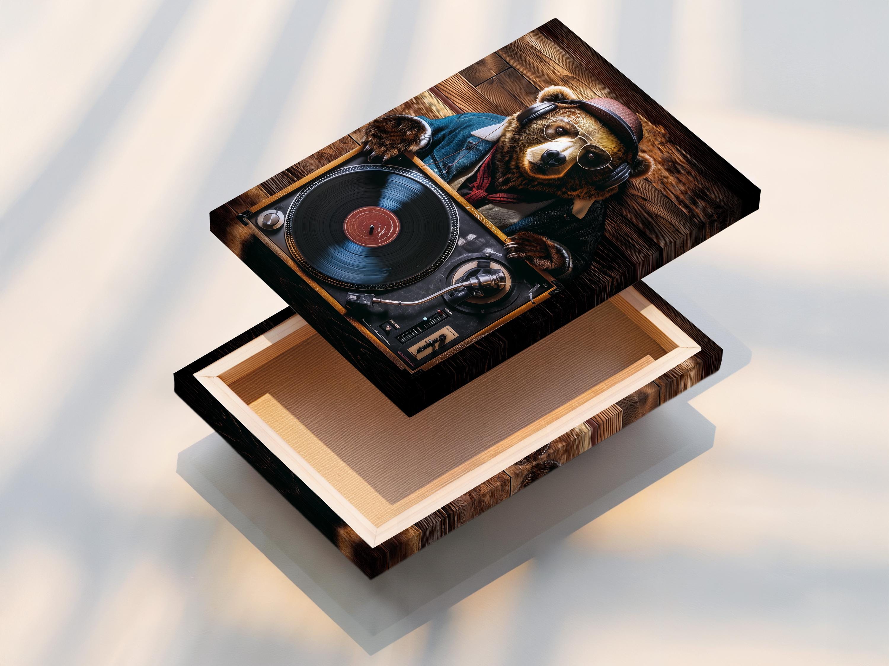 DJ bear wearing headphones and glasses behind a turntable with a vinyl record, set against dark wood planks detail view