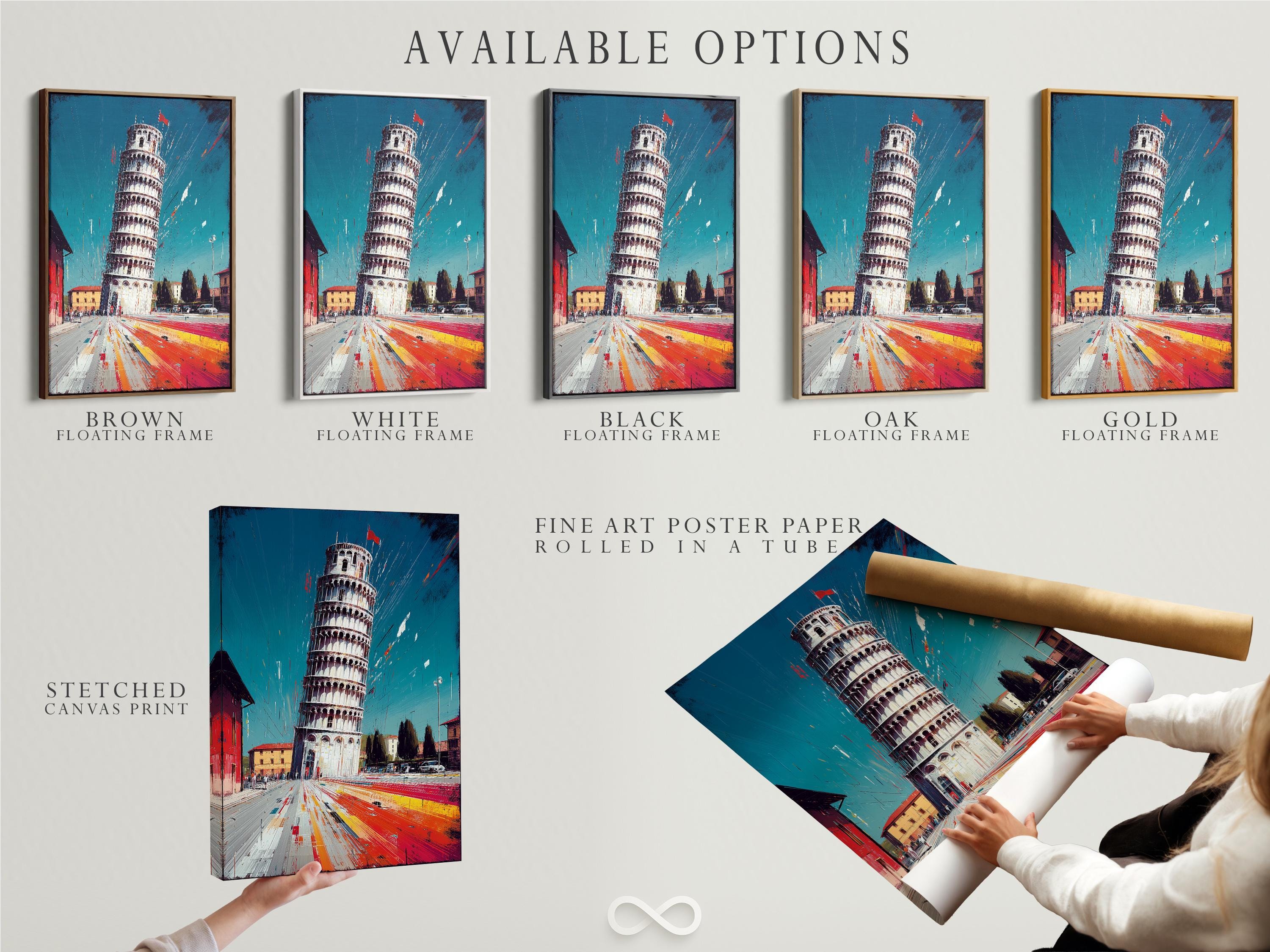 Stylised leaning tower above a teal sky with red, orange and yellow streaked city street detail view