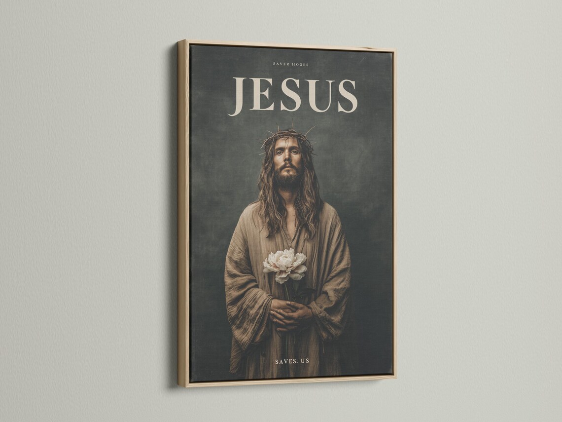 Jesus portrait with crown of thorns holding white flowers and gold text detail view
