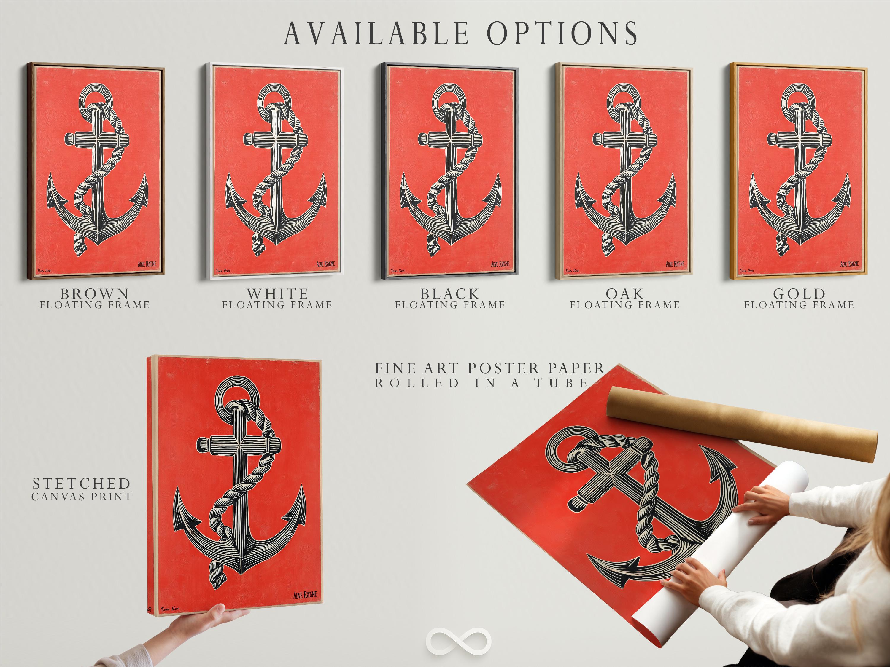 Coral red anchor illustration with black and cream rope-like stripes and ring details detail view