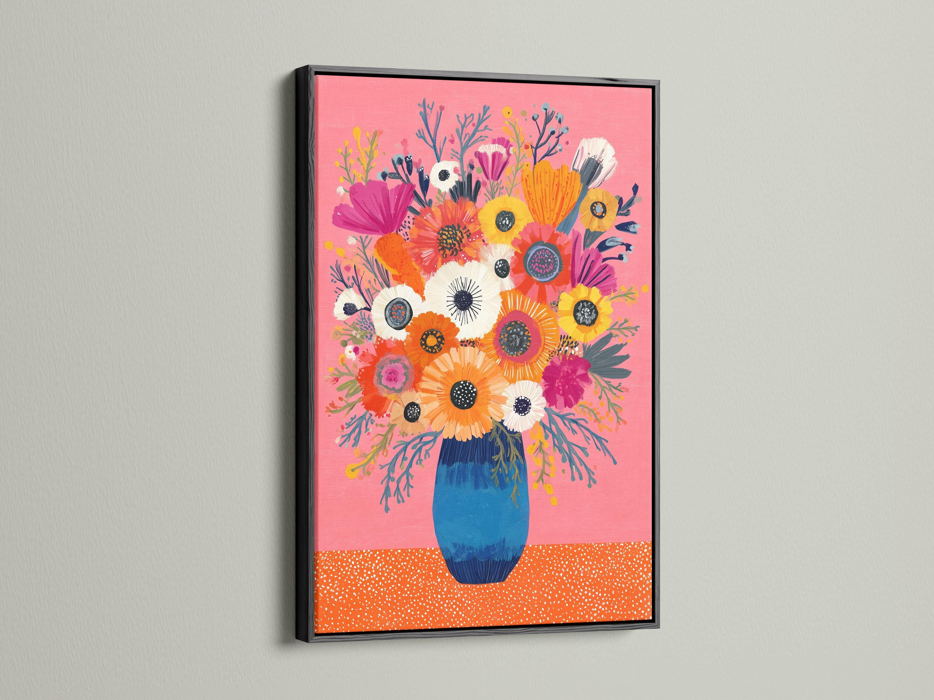 Floral bouquet painting with flowers in a blue vase on a pink background detail view
