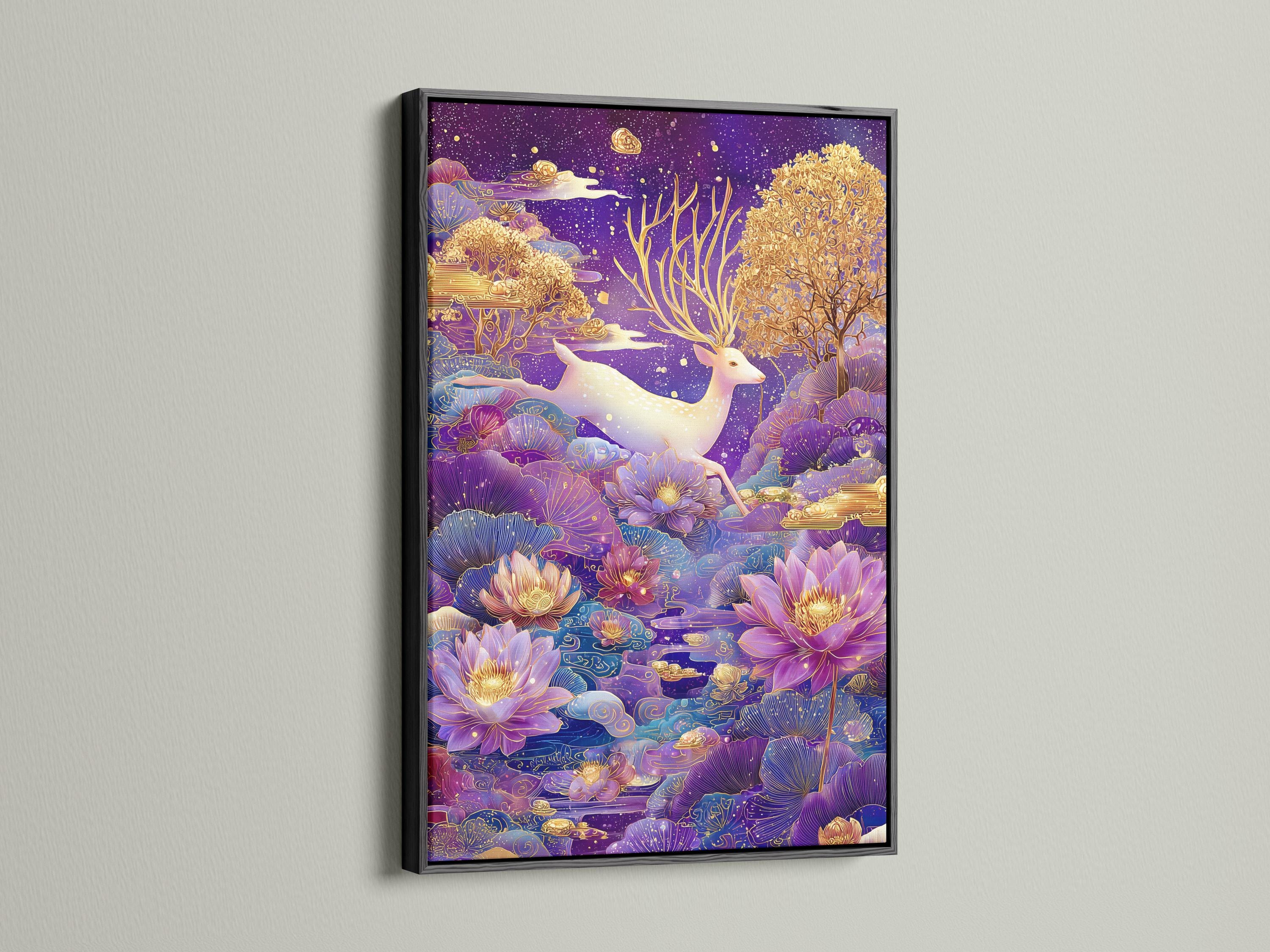 Stylised deer with gold antlers among purple lotus flowers under a starry night sky detail view