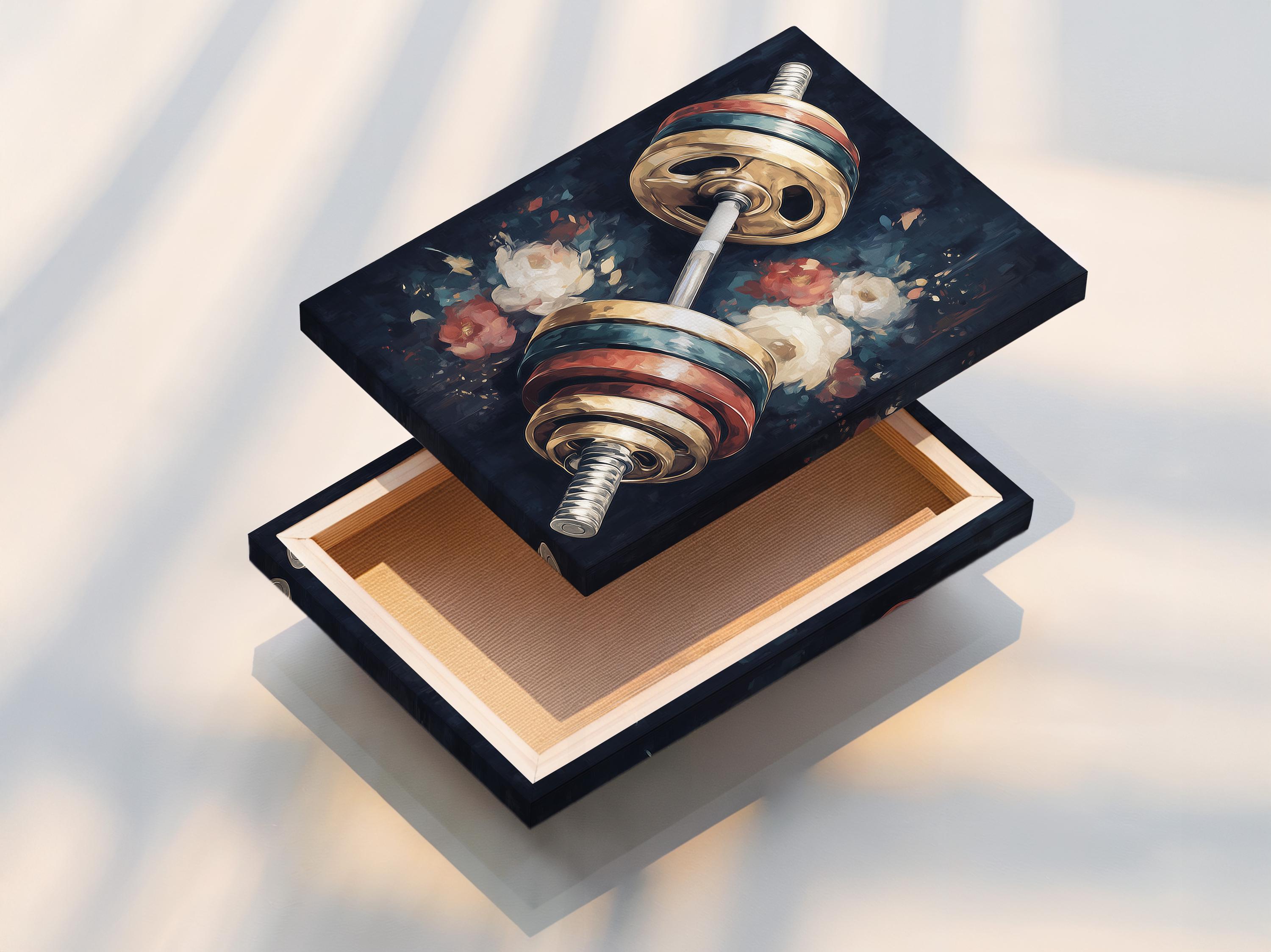 Diagonal barbell with metallic gold plates over dark floral background detail view